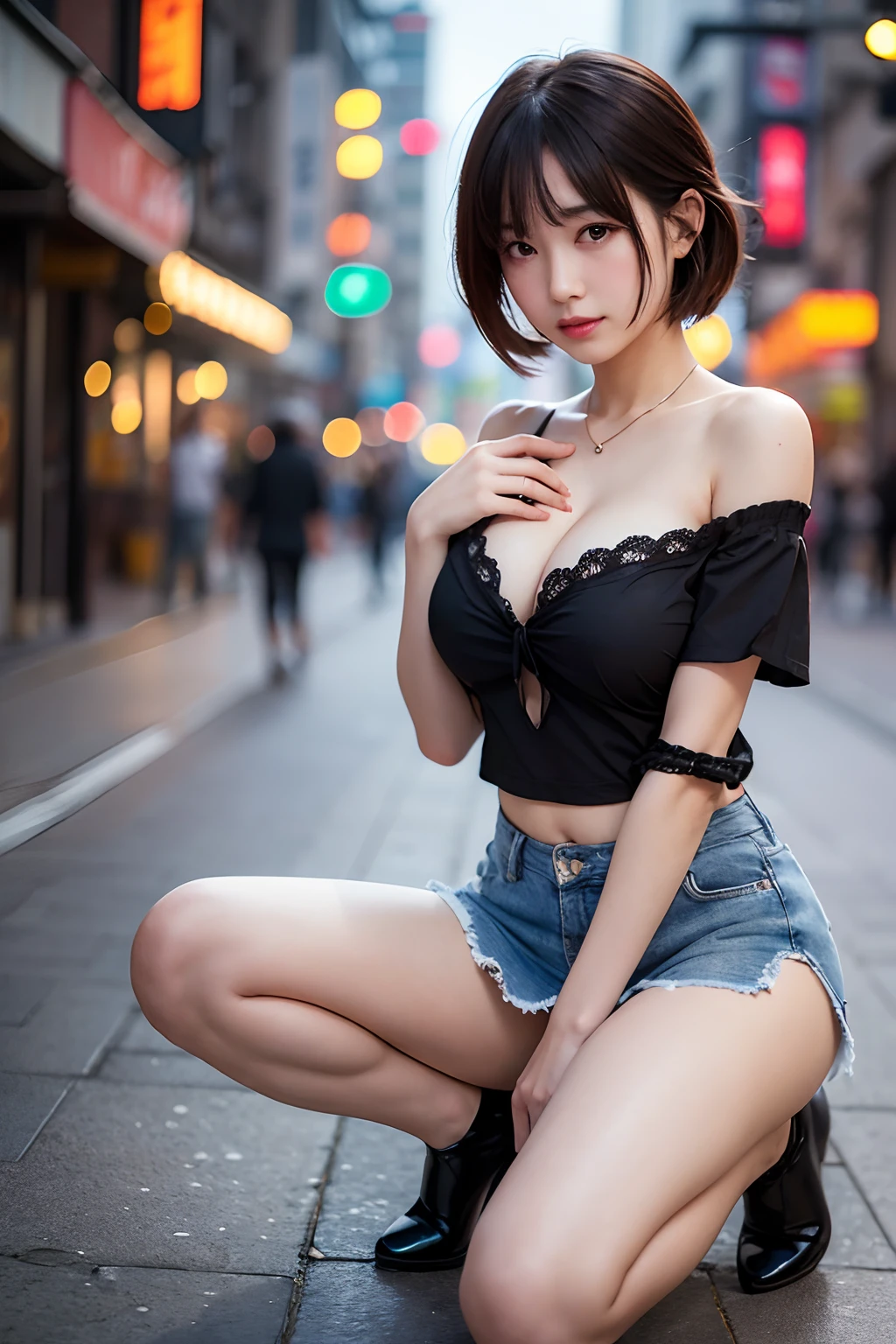 UHD, retina, masterpiece, ccurate, anatomically correct, textured skin, super detail, high details, high quality, award winning, best quality, highres, 4K,(8K、RAW Photos、top-quality、masterpiece:1.2)、(realisitic、Photorealsitic:1.37)、女の子1人、japanes、25-years old、femele、A city scape、a street、blurry backround、(realperson、a picture)、high key lighting、Studio Lighting、face lights、photon maping、Radio City、(full body Esbian)、dark brown hair、详细的脸、Detailed lips、detailedeyes、More skin、二重まぶた、(huge-breasted:1.4)、(off shoulder shirt)、a miniskirt、(no brassiere)、(no panty)、Exposed cleavage、exposed shoulder、Thigh exposure、seminude、(cammel toe)、perfectbody、shinny skin、crouching down、open one's legs、smirking face、dynamicposes、Make eye contact with the camera