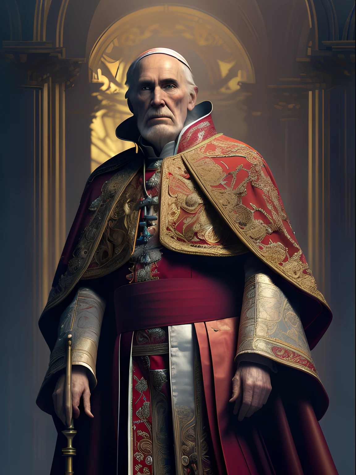 Solo, full-body photo, a low, tall old man (high cheekbones, gray eyebrows, deep eye sockets, few wrinkles, pointed beard, wearing red and golden mage robes, draped in dark red cloak, head wearing a pope's ornate hat, holding a golden staff, pale skin), standing, background (ornate palace fantasy, intricate, elegant, highly detailed, digital painting, art station, concept art, soft, clear focus, illustration, artwork by Gaston Bussiere and Alphonse Mucha, panorama, UHD, masterpiece, ccurate, textured skin, super detail, high details, high quality, highres, best quality, award winning, 8k