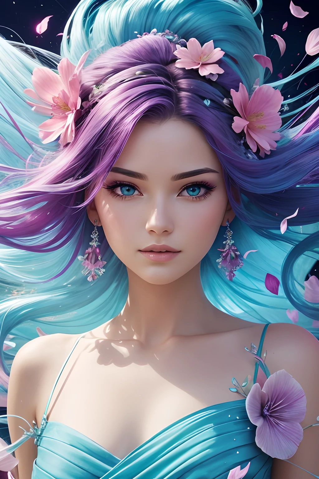 Beautiful woman with aquamarine and magenta flowy hair, fluidity, detailed face, flower petals flying with the wind, Sci-fi