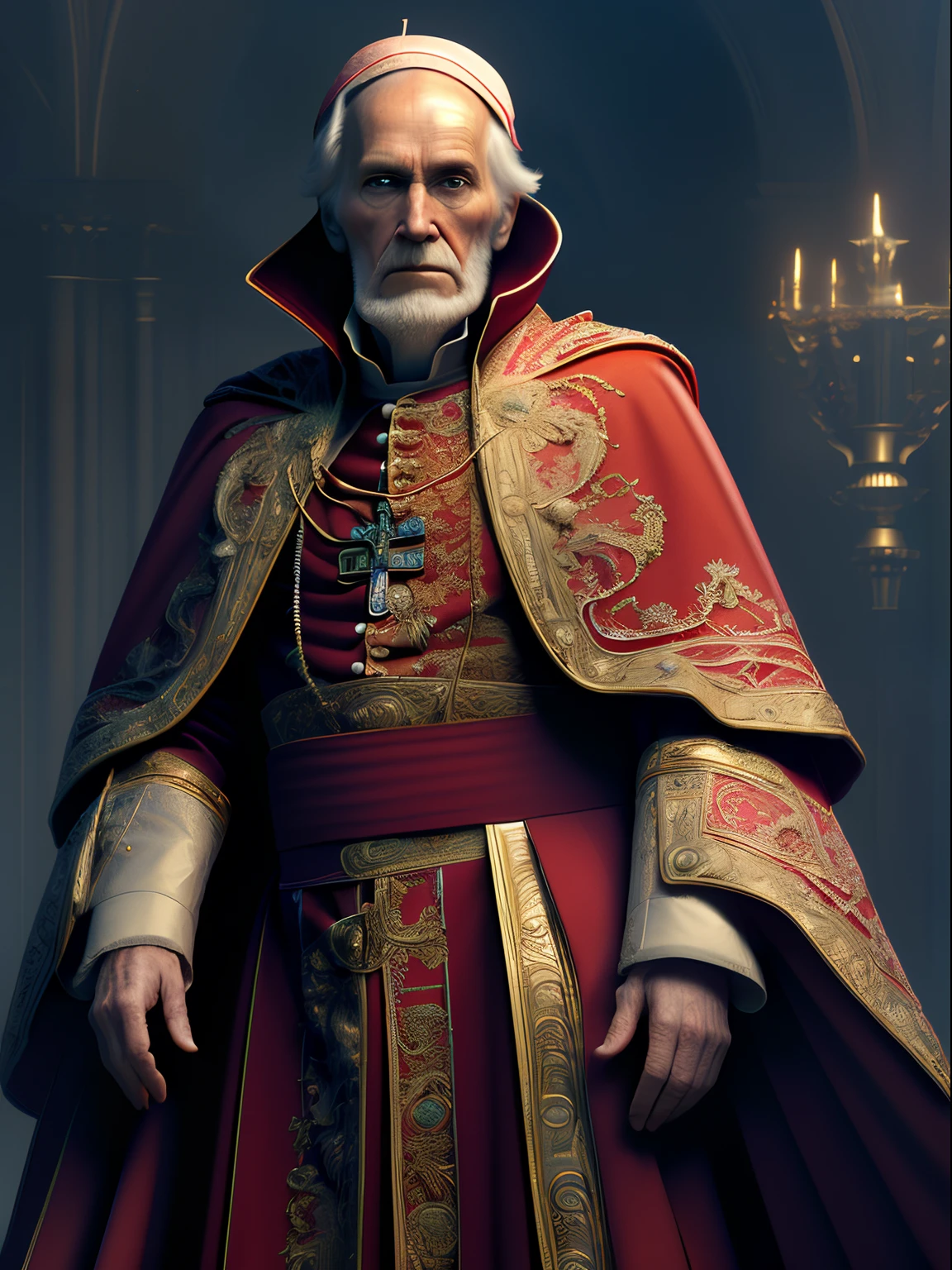 Solo, full-body photo, a low, tall old man (high cheekbones, gray eyebrows, deep eye sockets, few wrinkles, pointed beard, wearing red and golden mage robes, draped in dark red cloak, head wearing a pope's ornate hat, holding a golden staff, pale skin), standing, background (ornate palace fantasy, intricate, elegant, highly detailed, digital painting, art station, concept art, soft, clear focus, illustration, artwork by Gaston Bussiere and Alphonse Mucha, panorama, UHD, masterpiece, ccurate, textured skin, super detail, high details, high quality, highres, best quality, award winning, 8k