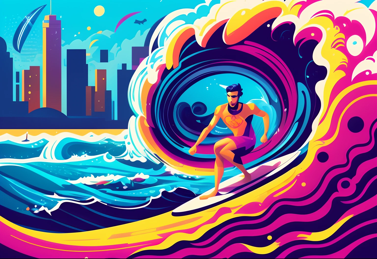 a man riding a surfboard on top of a wave in the ocean, jen bartel, in style of digital illustration, colorful illustration, kilian eng vibrant colors, kilian eng vibrant colours, inspired by Cyril Rolando, vector art style, in style of cyril rolando, adobe illustrator art, illustration style, stylised illustration, editorial illustration colorful, surfing