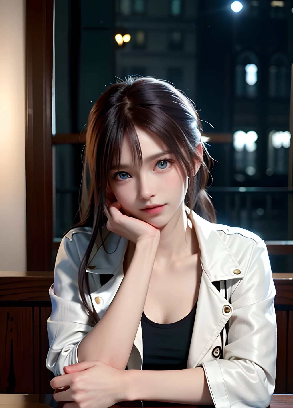 (8k, RAW photo, best quality, masterpiece:1.2), (realistic, photo-realistic:1.37),1 girl, cute, adorable, (blue eyes), light smile, (solo),detailed face, round face, ponytail, slender, petite breast, leather jacket, white tshirt, dramatic angle, head tilt, ((head resting on hand)), night lights, neon lights, inside pub, sitting by the window, small head, (facing away),
