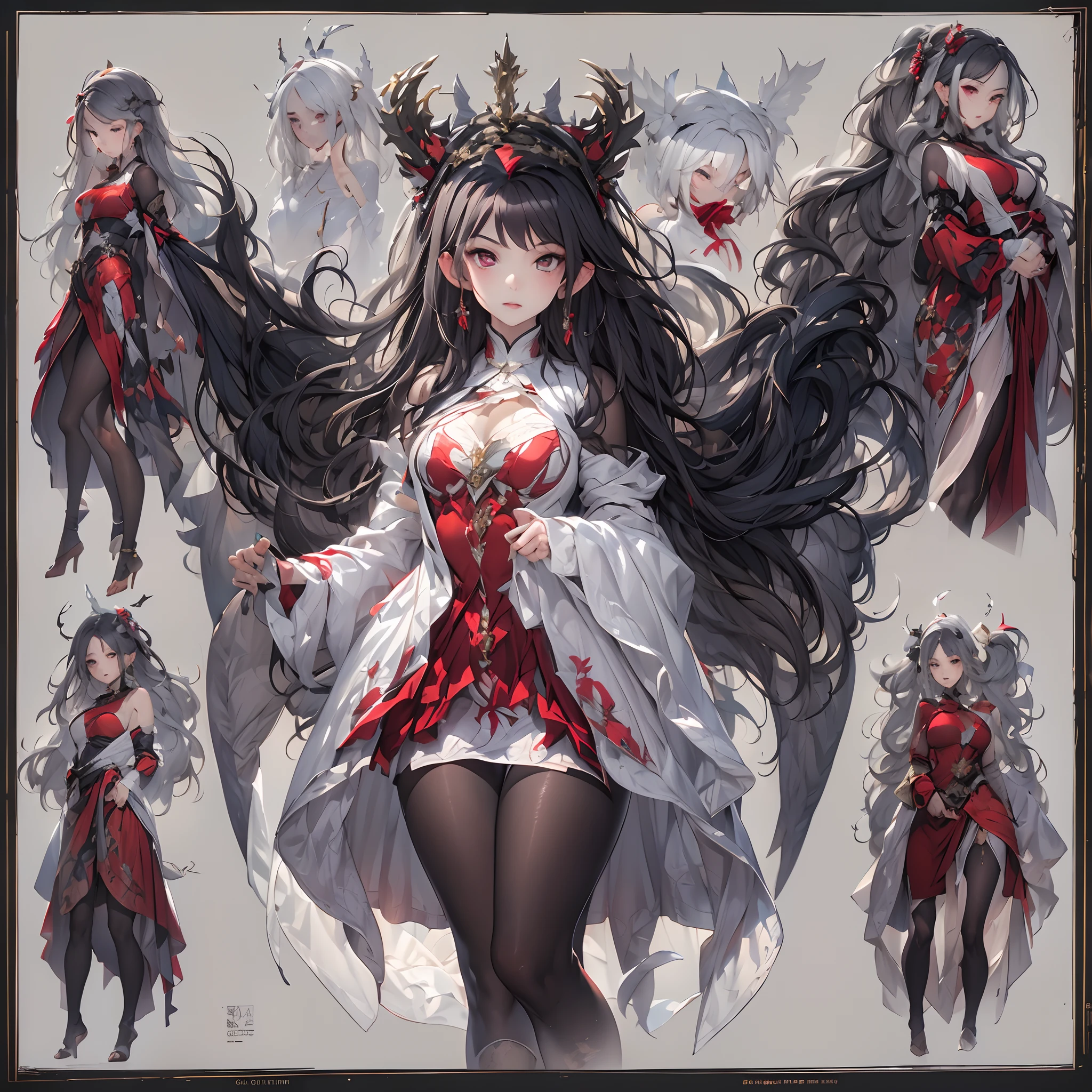 ((Masterpiece, Highest quality)), perfectly proportions,CharacterDesignSheet,full bodyesbian, Full of details, White background,Dark style,Beautiful teenage girl,Gradient hair color,Vampires,Detailed eyes, ssee-through,Red wedding dress,lacepantyhose,Cloud decoration,High Balance, Overhead halo,Natural light