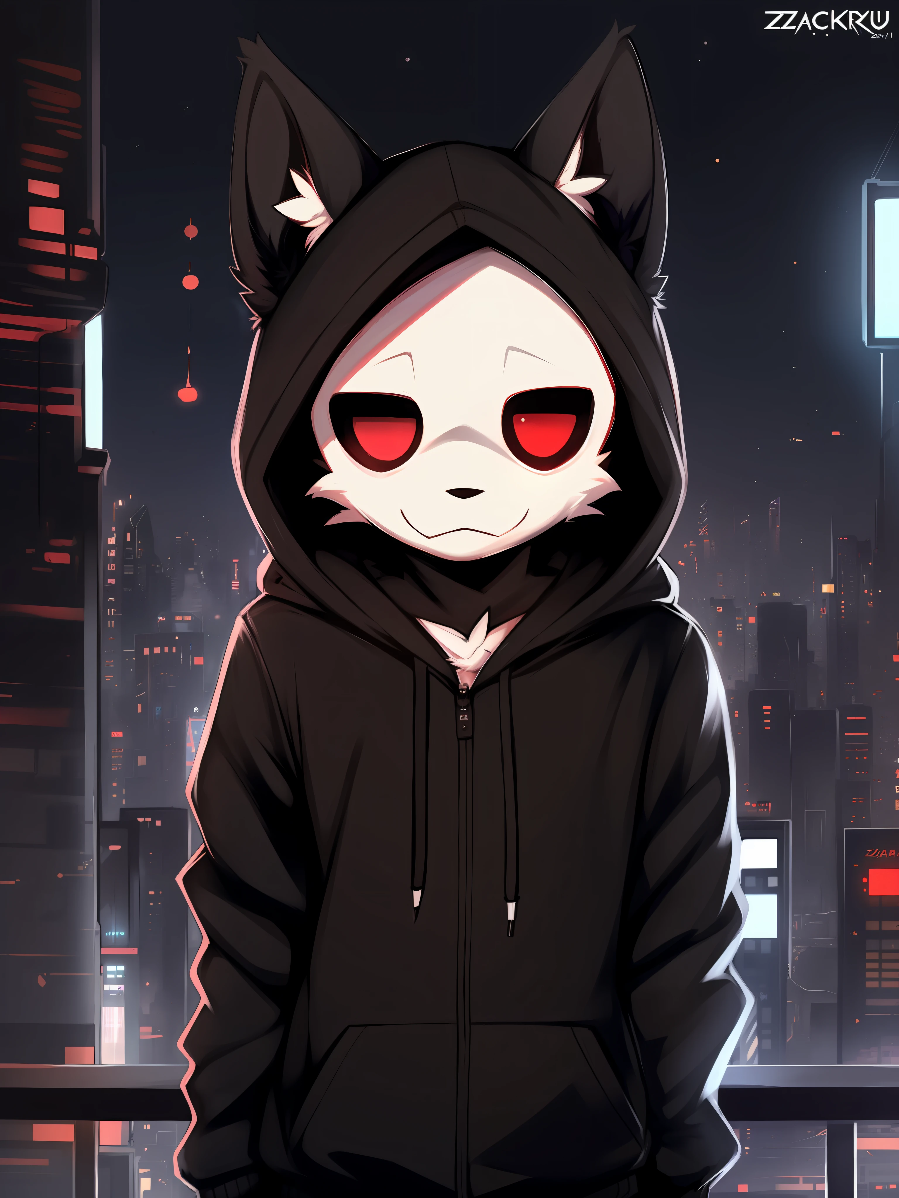 by zackary911, (coffeesoda:1.1), hioshiru, zackary911, puro, anthro, male, solo, clothing, fur, 2022, black clothing, hoodie, black topwear, lidded eyes, black hoodie, cyberpunk city background,