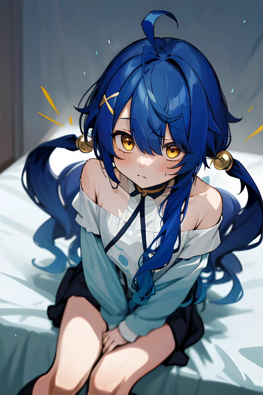 masterpiece, top quality, high resolution, 1 girl, solo, small, long hair, gold eyes, dark blue hair, ahoge, bangs, hair between eyes, floating hair, (naked oversized shirt), shirt pulling, bare shoulders, sitting on bed, blush, sweat