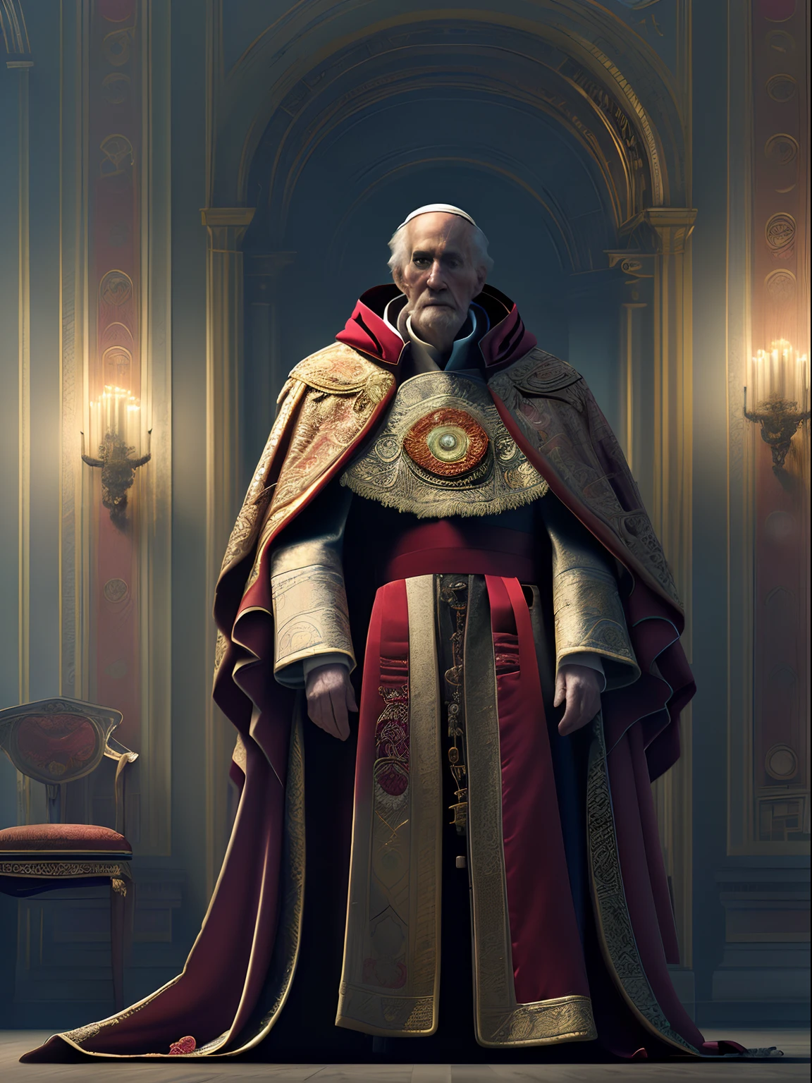 Solo, full-body photo, a low, tall old man (high cheekbones, gray eyebrows, deep eye sockets, few wrinkles, pointed beard, wearing red and golden mage robes, draped in dark red cloak, head wearing a pope's ornate hat, holding a golden staff, pale skin), standing, background (ornate palace fantasy, intricate, elegant, highly detailed, digital painting, art station, concept art, soft, clear focus, illustration, artwork by Gaston Bussiere and Alphonse Mucha, panorama, UHD, masterpiece, ccurate, textured skin, super detail, high details, high quality, highres, best quality, award winning, 8k