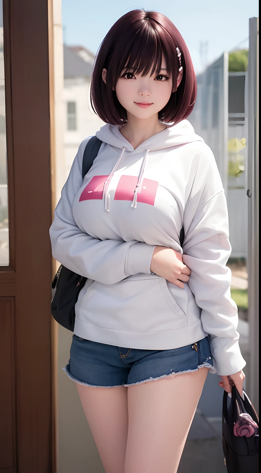 masterpiece, best quality, absurdres, perfect anatomy, 1girl, solo, Kanade Suzu, short hair, hairclip, drawstring, white hoodie, smile, huge breast