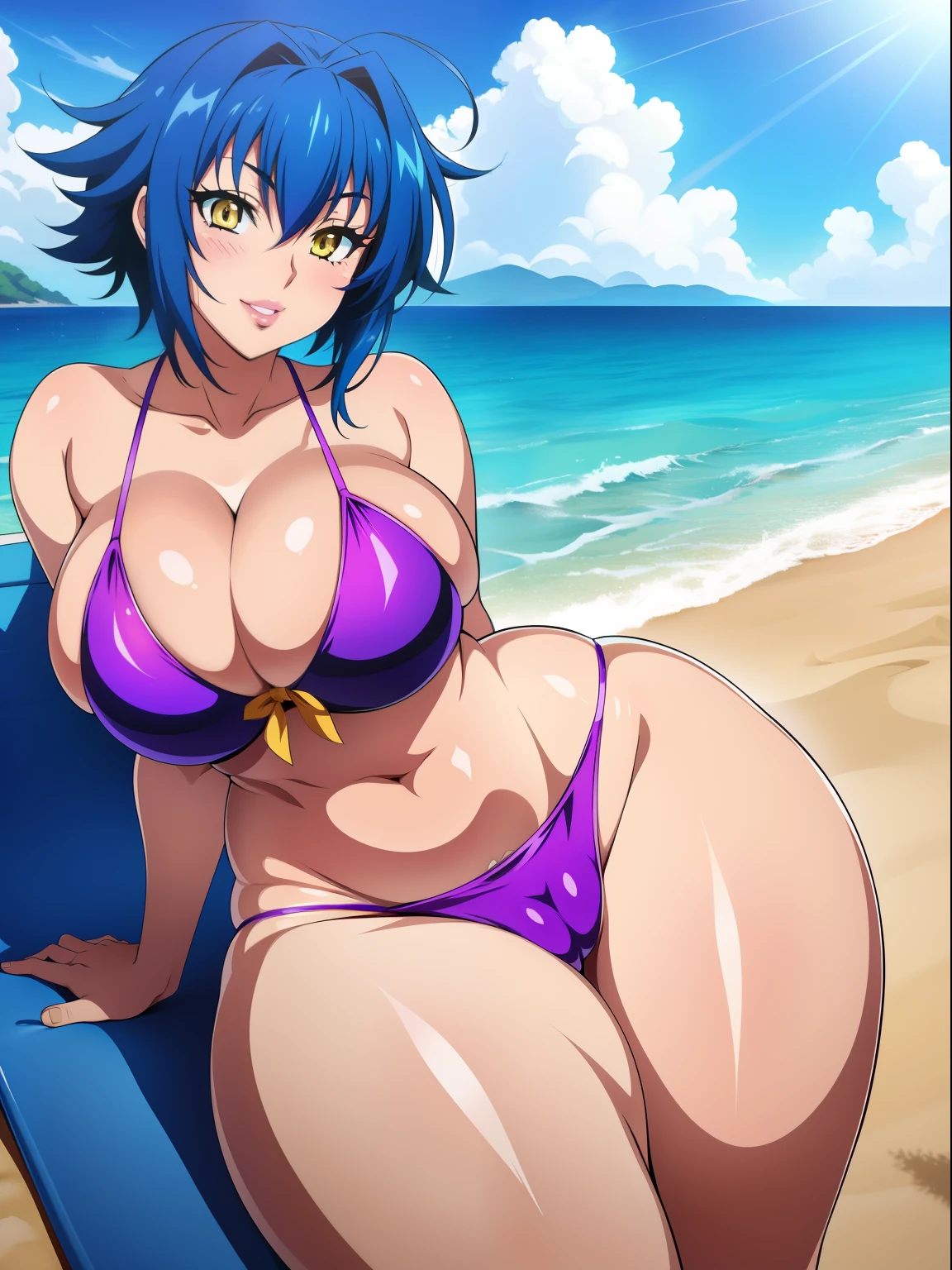 Highschool dxd, Xenovia, 1girl, (((bimbo))), short blue hair, yellow eyes, puffy lips, painted lips, thick lips, wide hips, thick thighs, big breast, huge ass, revealing cleavage, erotic, Smile face, bubble butt, camel toe, big Breasts, blue bikini, posing, on the Beach