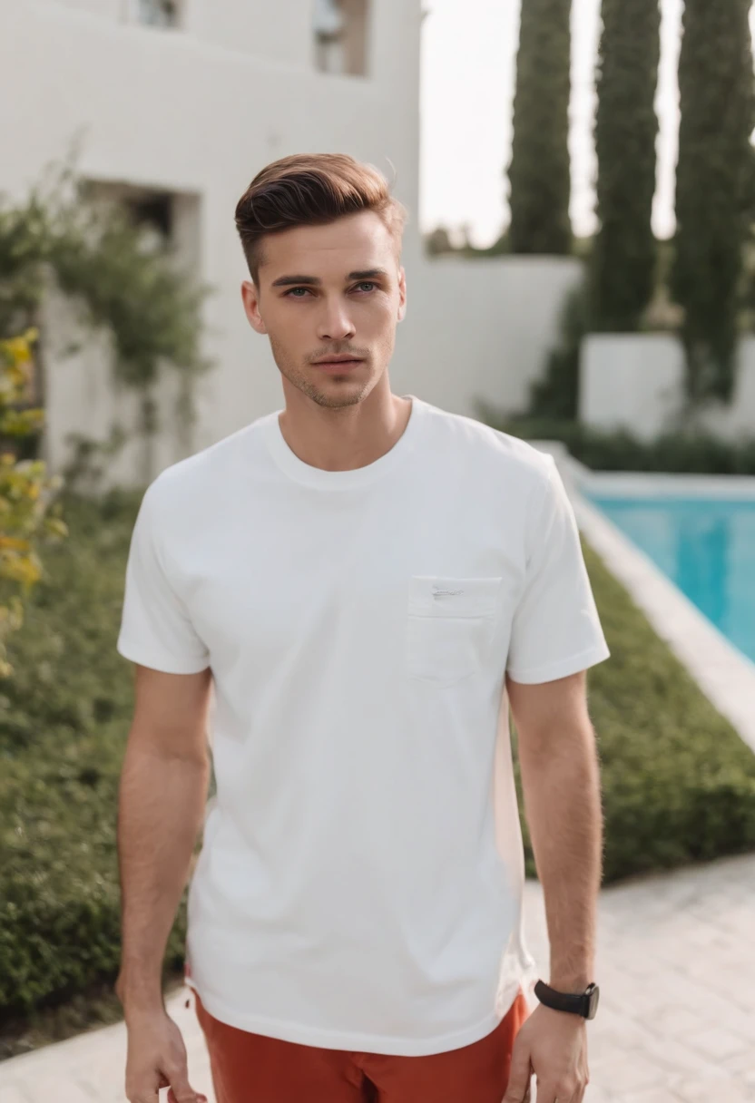 Handsome man in front of the pool,pupils,hip-hop style, Distant portrait, casual streetwear, Short sleeves,Hand pockets,ultra-wide-angle