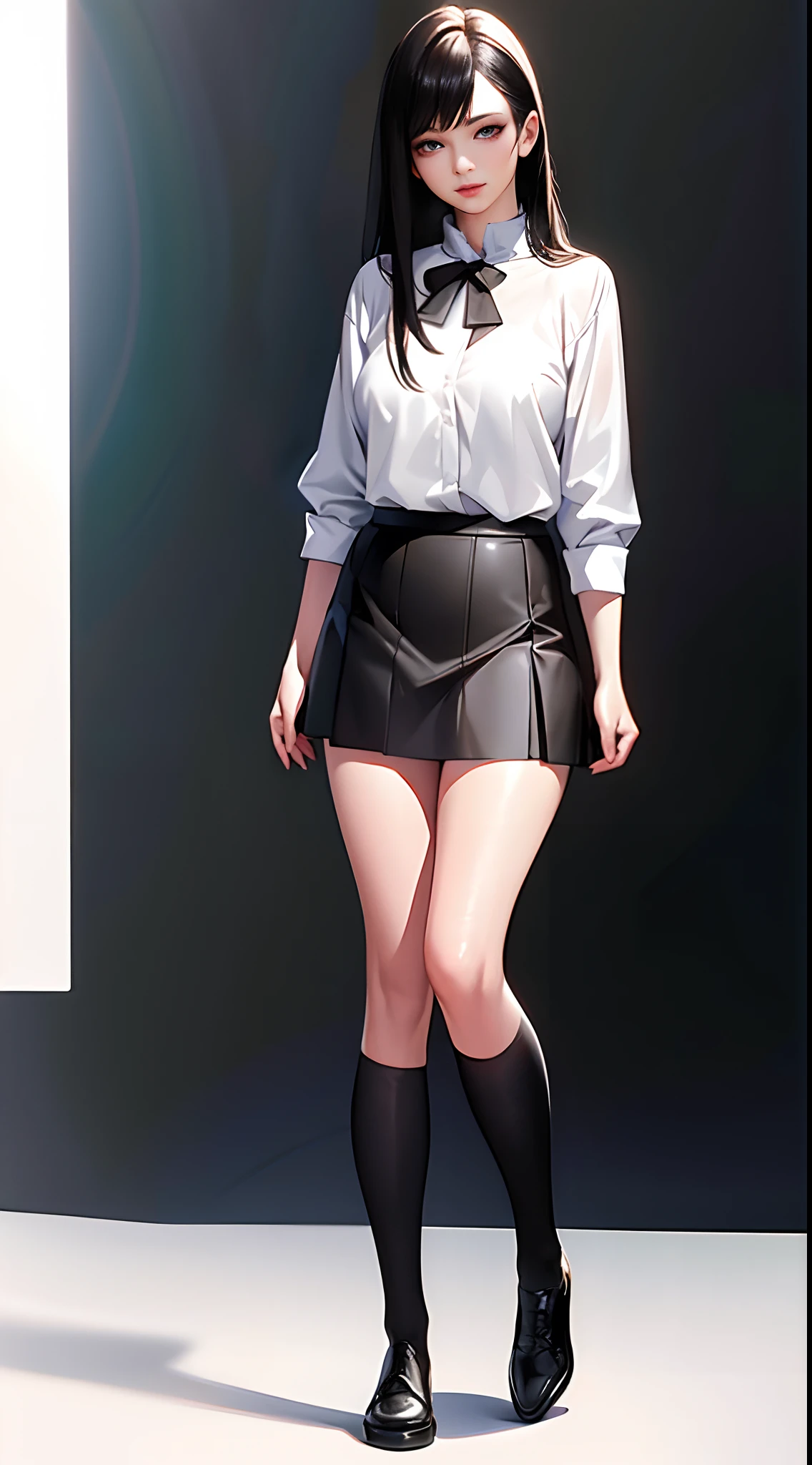 ((masterpiece, best_quality)), 1girl, (photorealistic:1.4),  solo, white_background, black_hair, long_hair,   zettai_ryouiki, skirt, ((full_body)),