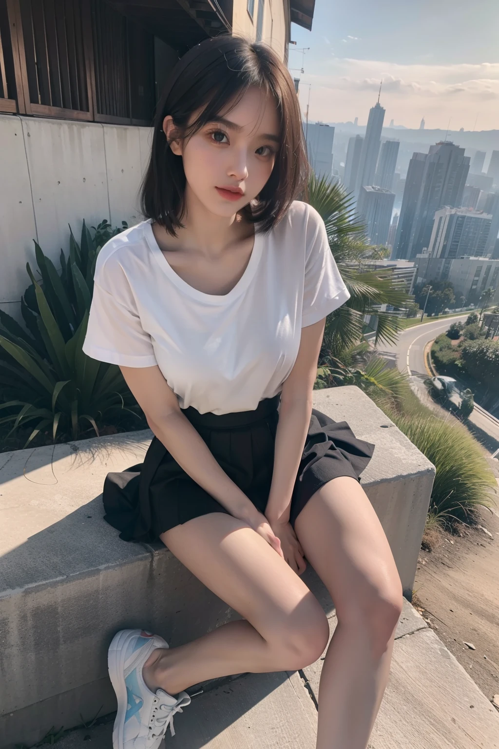 (full bodyesbian:1.5)，(1girll:1.3),(view the viewer:1.4)，(anatomy correct:1.4),(Sit on top of the hill:1.2),(wearing short skirt:1.2),( athletic sneakers :1.1),(Accurate and perfect face:1.3),(Long legs:1.3),hyper HD, Ray traching, reflective light， structurally correct, Award-Awarded, High detail, Fade-in and fade-out shadow contrast, Face lighting ，Cinematic lighting, Masterpiece, super detailing, High quality, High detail, Best quality, 16k，High contrast,