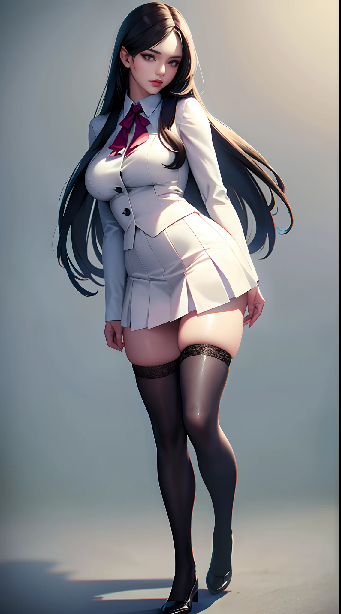 Masterpiece, Generate an illustration of a mature Roxanne, gym leader of pokemon , (lightgray dress), hd, holding a pokeball all, de terno preto, pink ascot,(( long black hair)), twin ponytail, shiny hair, (perky breasts:1.2), outfit in anime format with a serious style, boots, make up, masterpiece, dark lighting, black background, ((puffy lips)),(slendered abs), beautiful face,