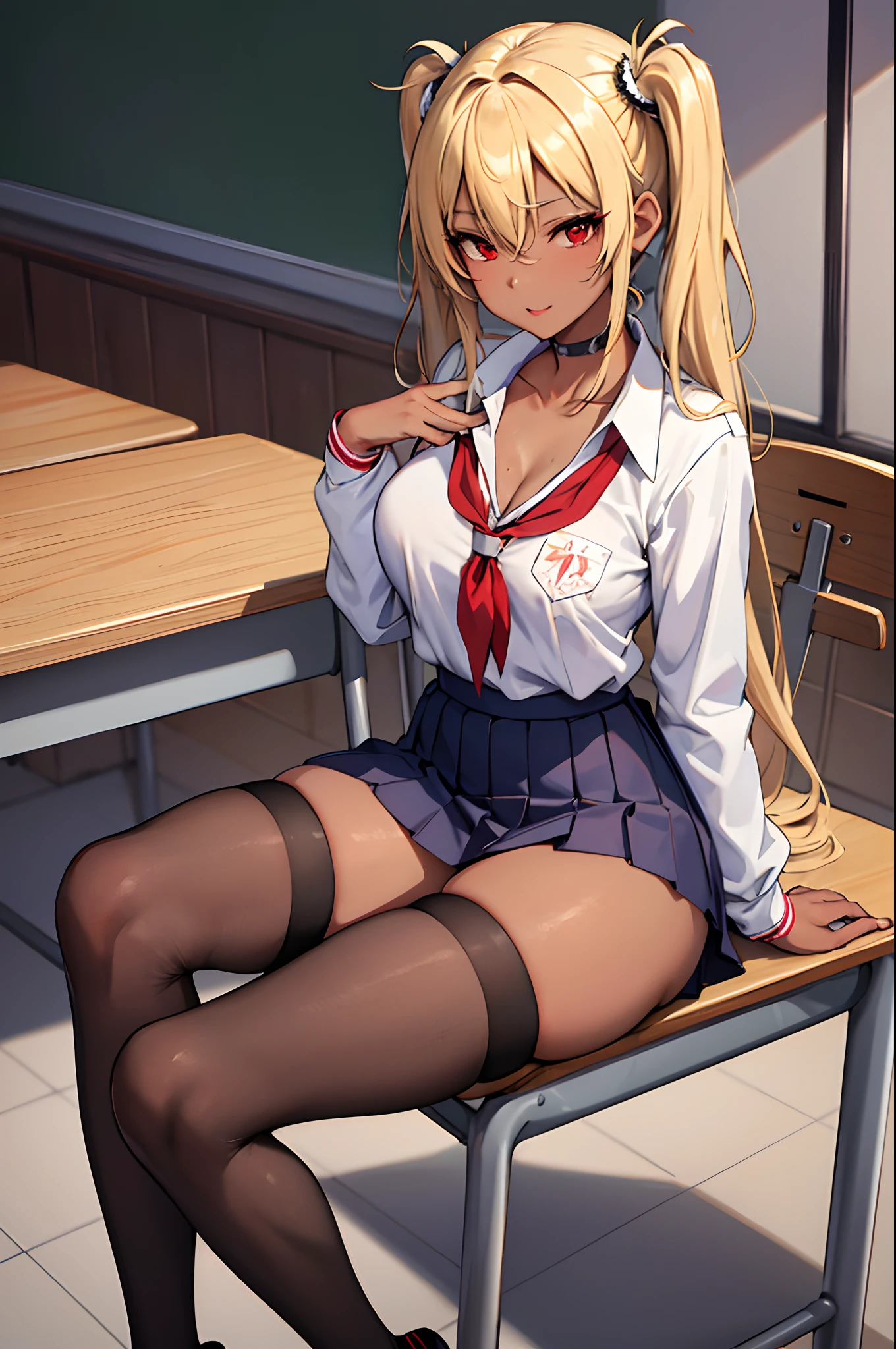 (Masterpiece:1.2, Best Quality), 1lady, 独奏, school uniform, Classroom, Day, Sit, blonde, twintails, red eyes, Open Collabone, darkskin, (open breasts:1.1),