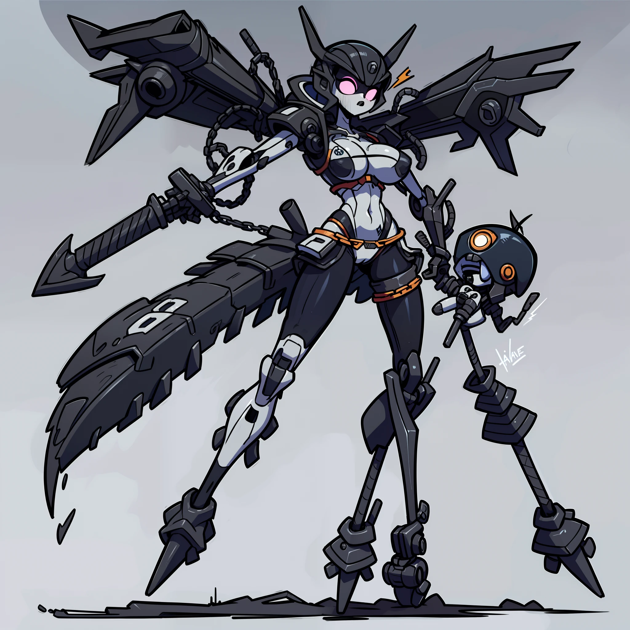 simple background, full body of 1girl, solo, mechanical limbs, glowing eyes, gray skin, female spawn by toddmcfarlane(cosplay), very sexy toon, (Punk Rock Necromancer Mecha), Decked out in leather, bikini, spikes, and chains, this mecha has a rebellious edge. Its robotic limbs resemble skeletal appendages, and it wields a skull-shaped staff. big breast, pretty huge boobs, motherly, dangerously great, exotic, amazing,,, masterpiece, best quality