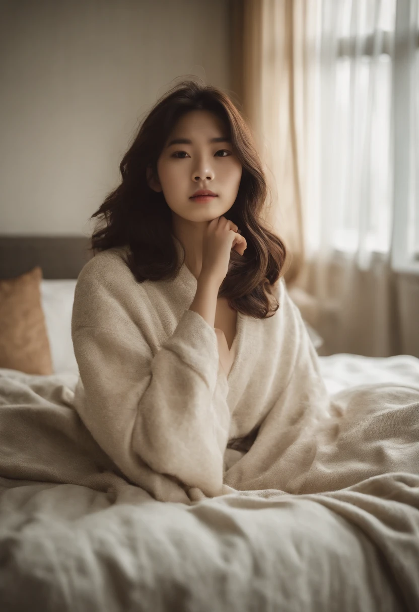 Korea person。girl with。in her 20s。kawaii。dual。Brown hair。Spoblar。With bangs。hotel。a bed。