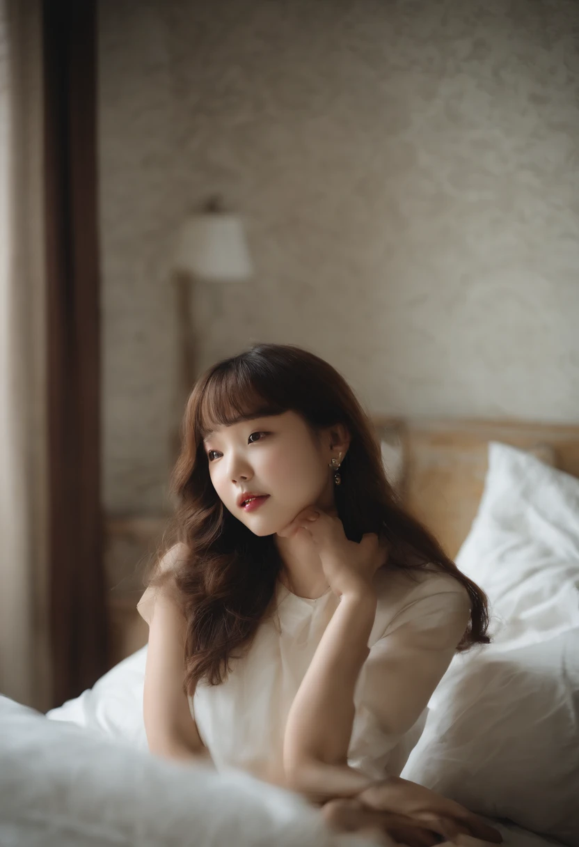 Korea person。girl with。in her 20s。kawaii。dual。Brown hair。Spoblar。With bangs。hotel。a bed。