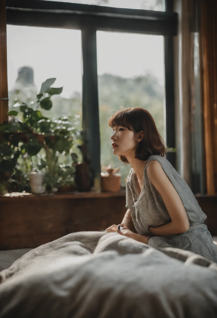 Korea person。girl with。in her 20s。kawaii。dual。Brown hair。Spoblar。With bangs。hotel。a bed。