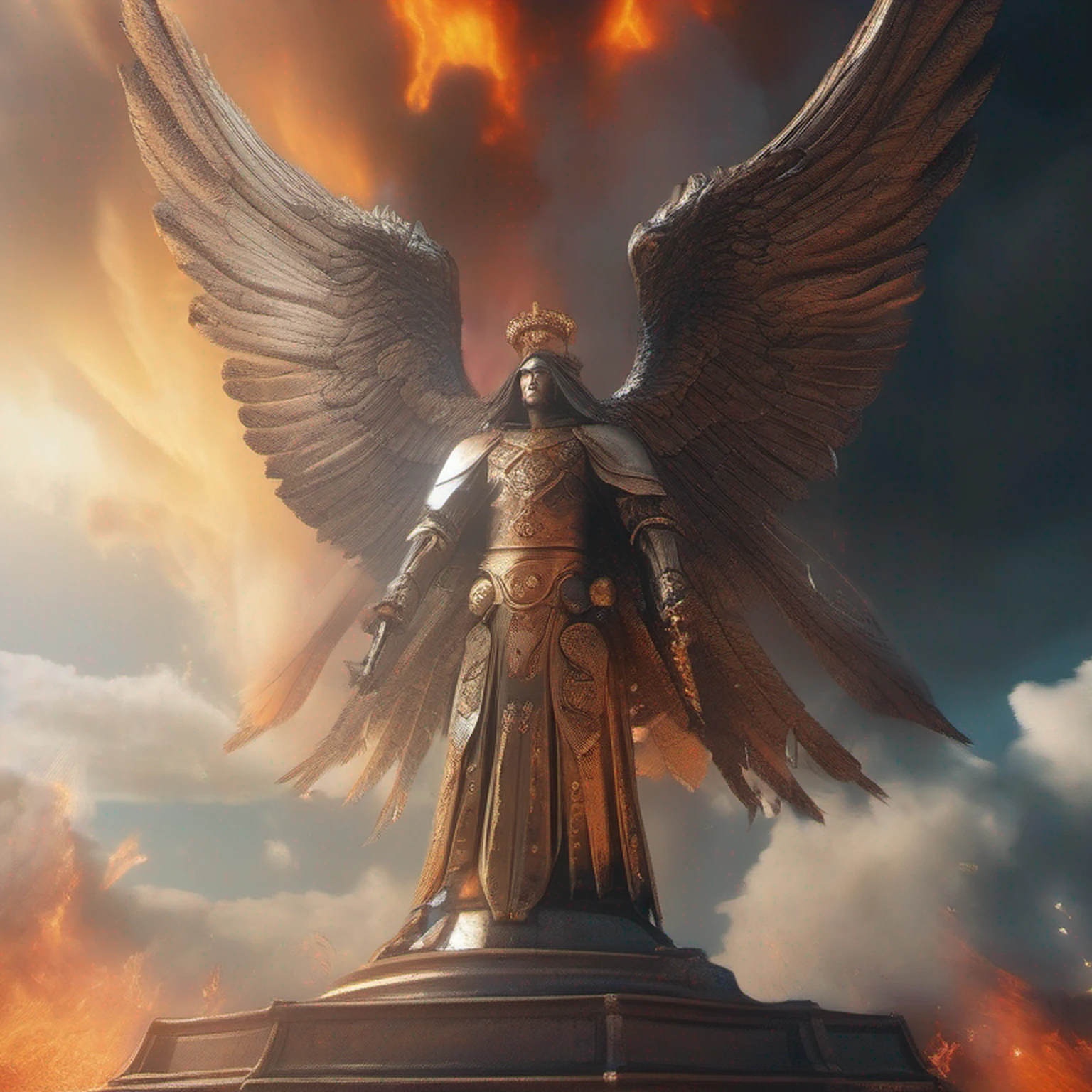A mythical majestic grand robotic angel descending from a fiery heaven, detailed, Fujifilm, 32k, Imax, color graded, cinematic, moton blur, low contrast