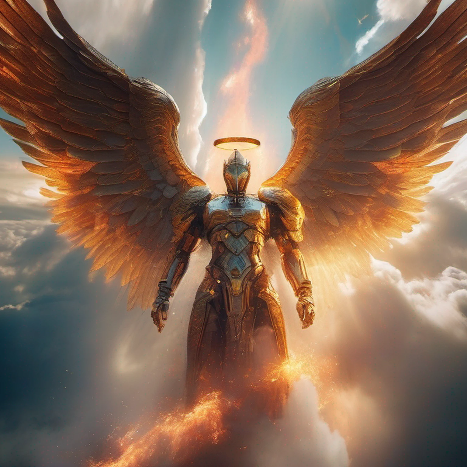 A mythical majestic grand robotic angel descending from a fiery heaven, detailed, Fujifilm, 32k, Imax, color graded, cinematic, moton blur, low contrast