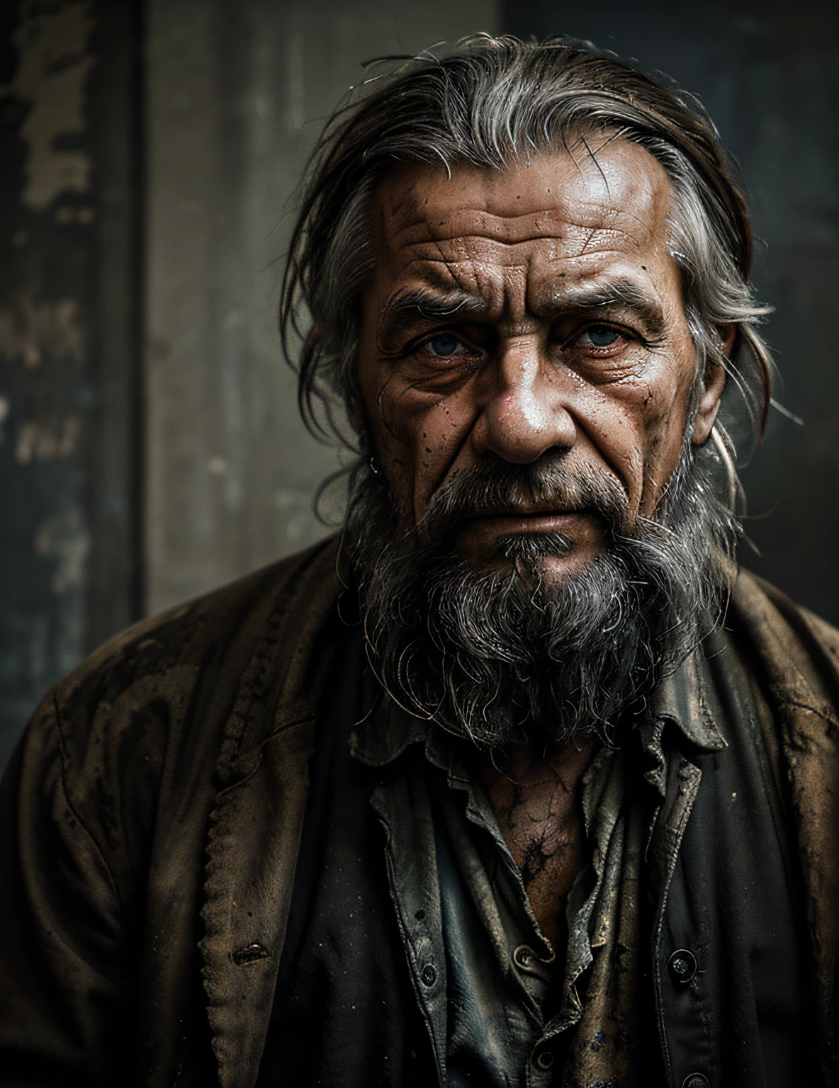 A portrait of poor russian 1800 old worker in rags, ((overwhelming fatigue )), wrinkles of age, concept art, oil pastel painting , moody gray colors , gritty, messy stylestyle of Alexey Savrasov, Ivan Shishkin, Ilya Repin, (cel shaded:1.2), 2d, (oil painting:1.2) highly detailed