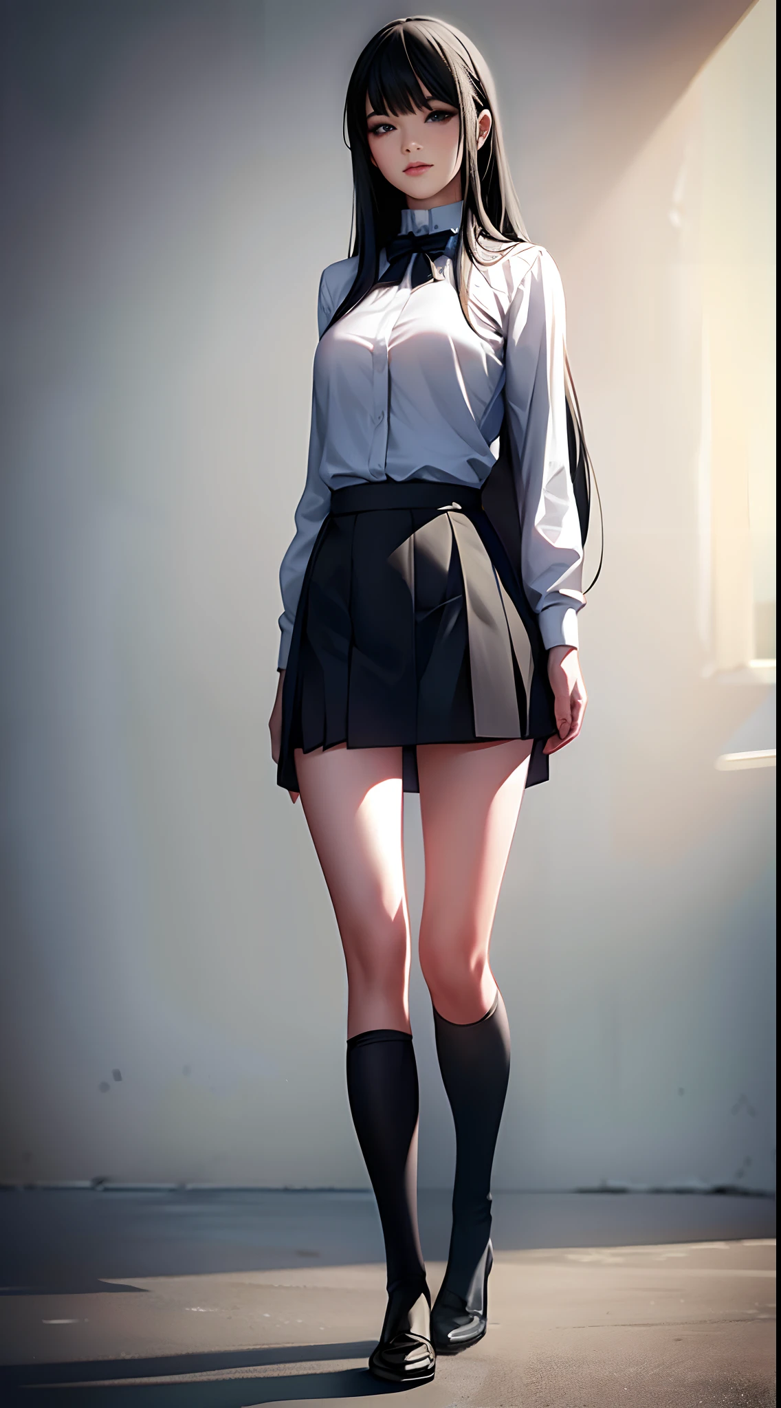 ((masterpiece, best_quality)), 1girl, (photorealistic:1.4), solo, white_background, black_hair, long_hair, zettai_ryouiki, skirt, ((full_body)),