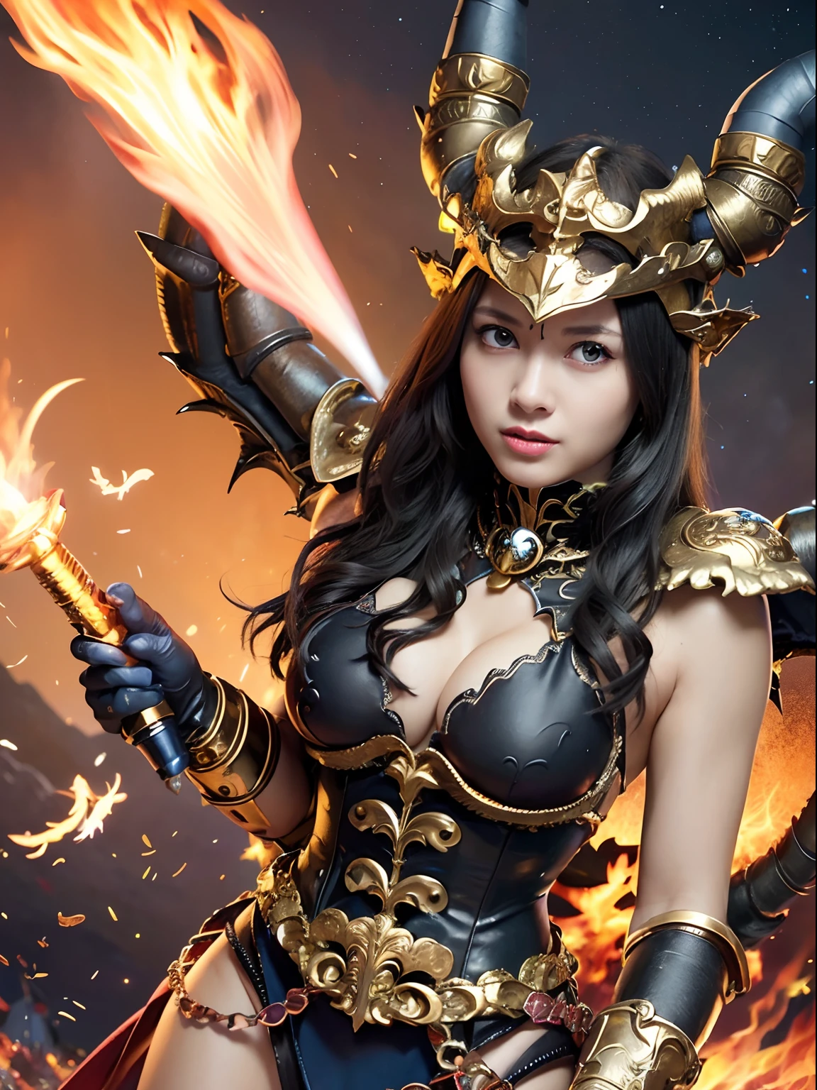 Professional , masterpiece、top-quality、photos realistic , depth of fields 、(Dragon Black Metal Body:1.9),(Matte Blue Black、(Night World)、(cleavage of the breast)、Dragon Gold Weapon、(Micro Bikini Armor:1.4),Gorgeous gold weapons ,(Fight dragons)、Seductive look、(( Dragon's dense and gorgeous sword)) , (demonic wings) ,Detail and gorgeous crown、((a blond))、(Castle background)、((Gangle's forest background))、Beautiful Caucasian beauty、1a person、dynamic ungle,(((Detailed and ornate dragon helmet)))、Smaller head、A smile、Castle background、Thin and beautiful female hands、cleavage of the breast、Soldier in iron armor on background、Mystical expression、Light Effects、intense fighting、Wind-effect、magic circles、With the legendary magic wand、Dragon's tail、fight、