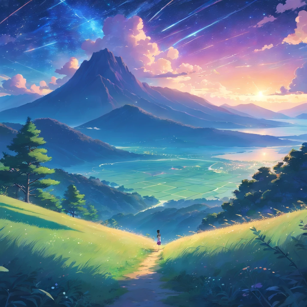 Vast land,Weird literature,Brilliant colors,Starry sky dots,Several harmonious clouds,Overlooking,sheer cliffs,Forest grass,exuberant, webs, D&D