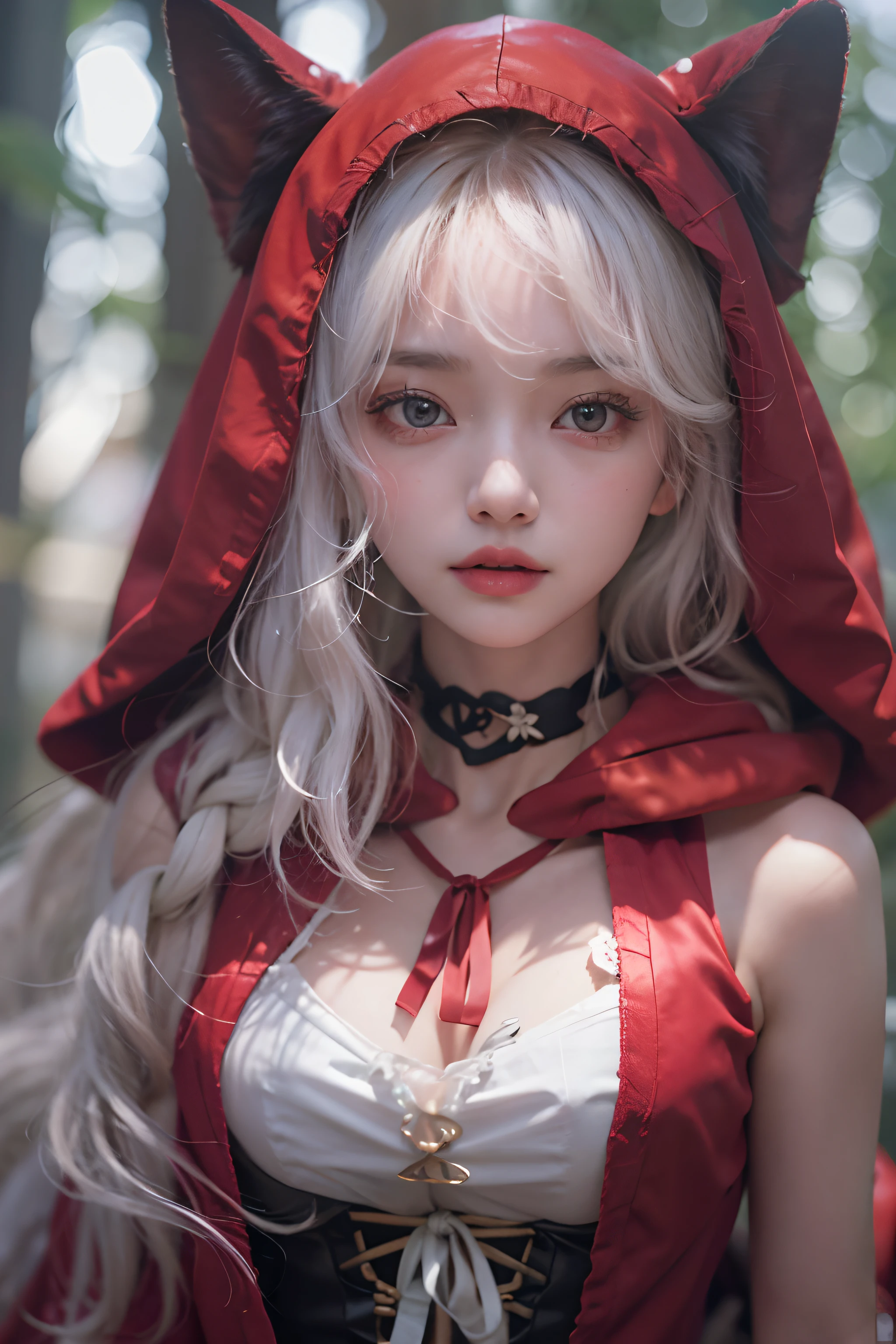 realisitic、8K UHD、hight resolution、(red riding hood)、(from above)、(1girl in)、(Cute smile))、(full bodyesbian)、(Model Pose)、High quality shadows、Detail Beautiful delicate face、Detail Beautiful delicate eyes、in her 20s、(The best smile)、Pretty Kpop Girl、(Korean Urzan Face)、(ulzzang -6500-v1.1:0.6)、pureerosface_v1、gloweyes、perfectbody、(Colossal tits)、 ((look at viewr))、Hasselblad, Carl zeiss, Incredible dynamic range photography(UTIL_Art by Smoose-768:1.1), (White hair color)、teak、Bright red lipstick、Glossy lips、Natural color reproduction, ((strong lights))、((Hood cover))、(a choker)、((Brown eyes))、((Beautiful Finger))、(White hair), (Twin braids)、(Pattsun bangs)、(bangss)、 Shiny hair、Description beautiful delicate hair、(Lustrous skin)、((Spread your arms))、((Little Red Riding Hood、((Red Long Cape、Wear the red hood deeply、Wearing a red skirt、))、(corsets)、(deep-forest)、(Scattering dead leaves)、