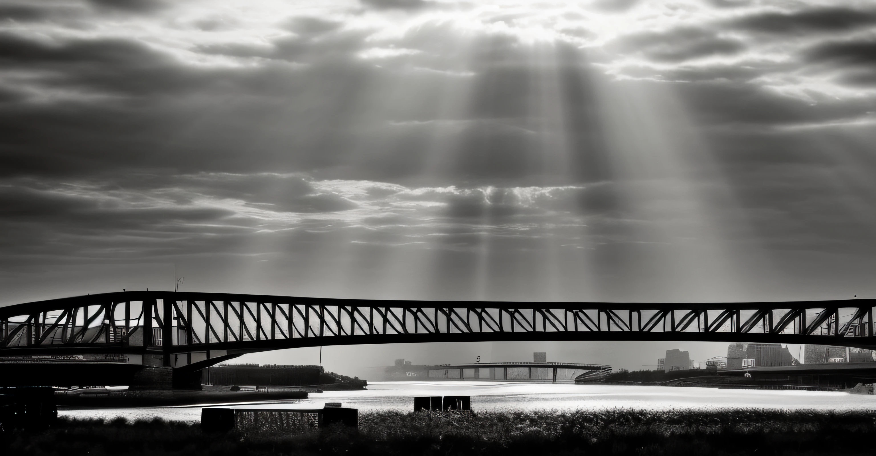 Aalfed Bridge over the river,The background is a city, Bridges, Some light, monochrome black and white, beam of light, some sunlight ray, liang, Sunlight beam, Dramaticlight, author:Gerard Hawkgerster, bridge over the water, god light, dramatic morning light, author:Collion de Cote, author:Hendrik van Steenwijk II