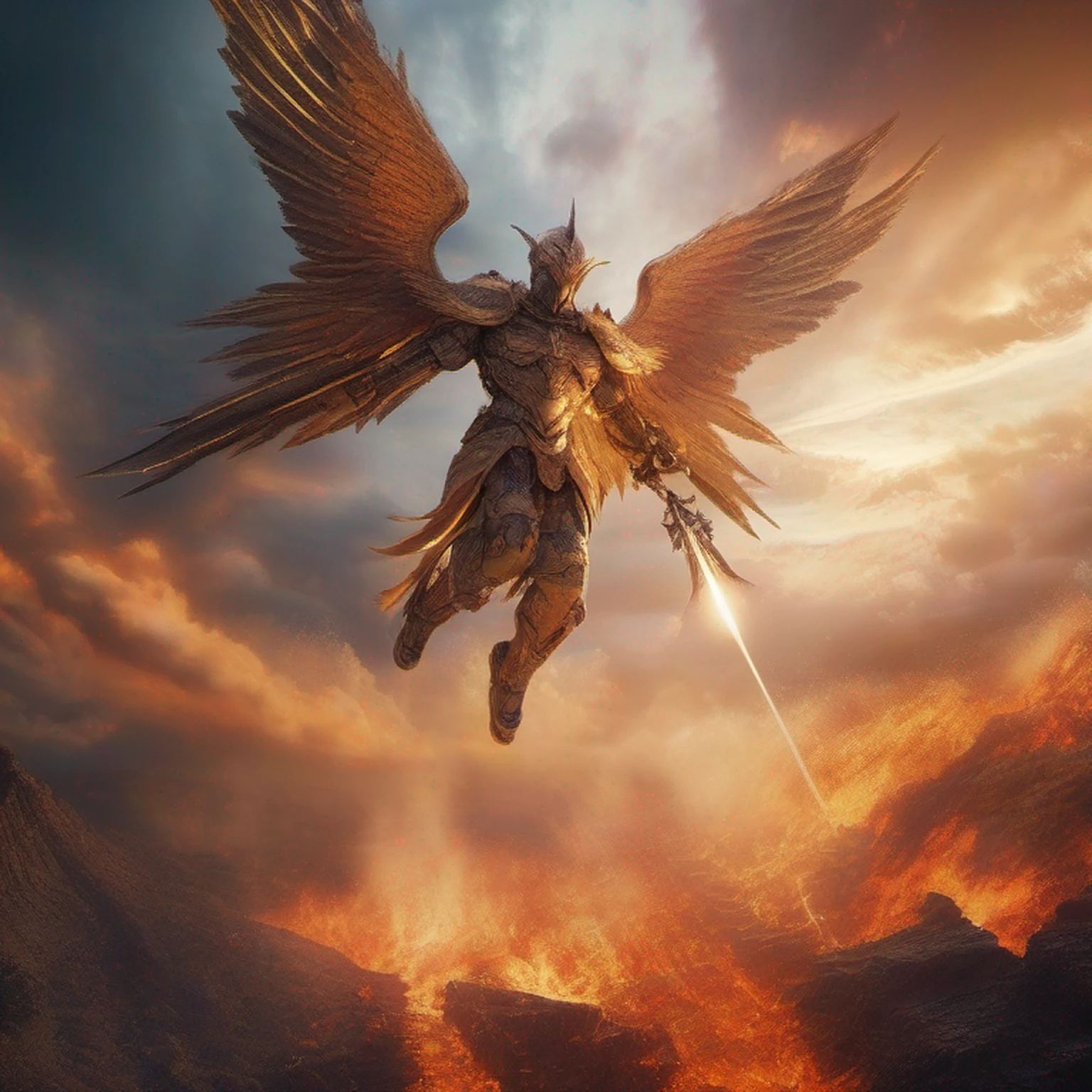 A mythical majestic grand robotic angel descending from a fiery heaven, detailed, Fujifilm, 32k, Imax, color graded, cinematic, moton blur, low contrast