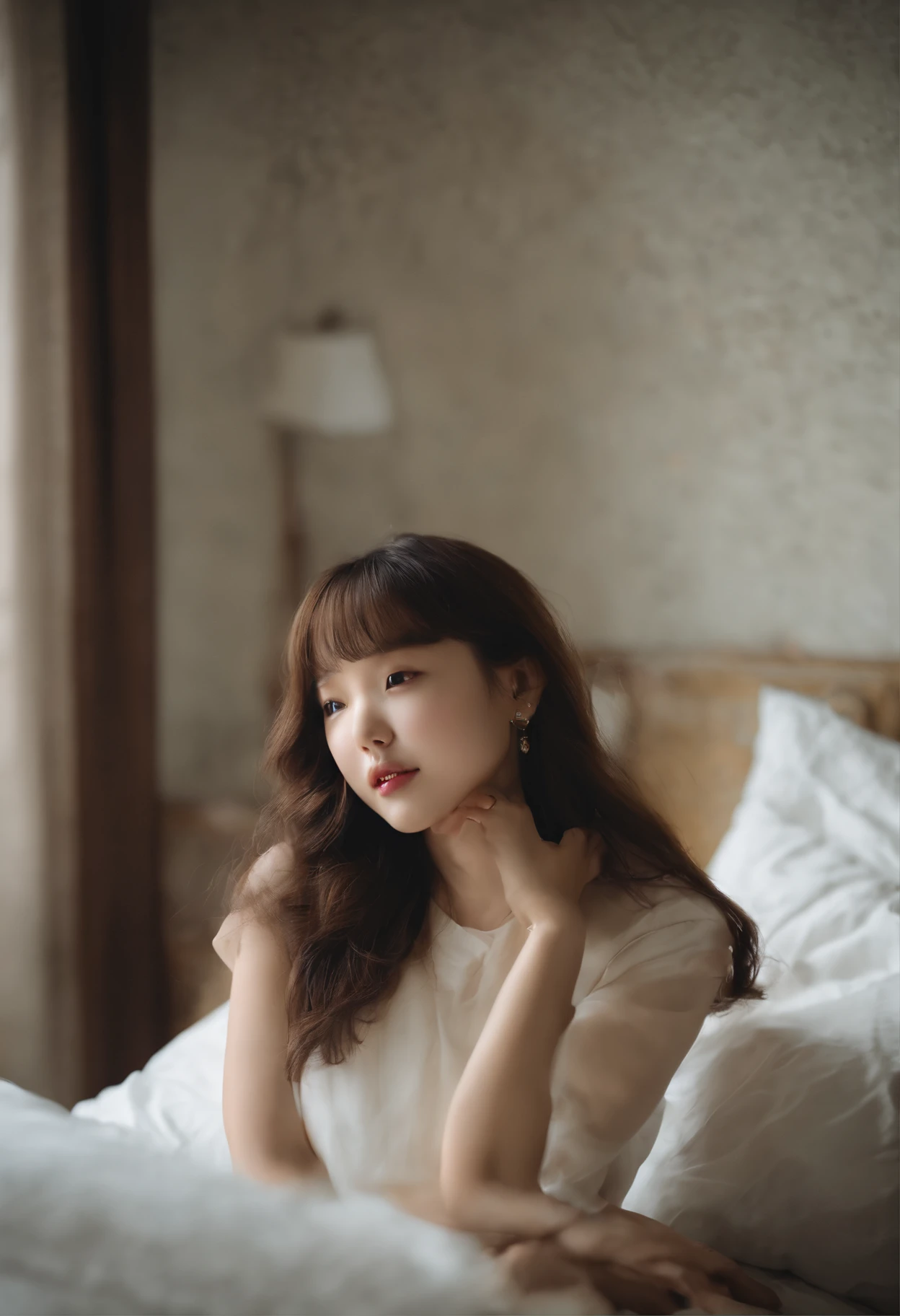 Korea person。girl with。in her 20s。kawaii。dual。Brown hair。Spoblar。With bangs。hotel。a bed。