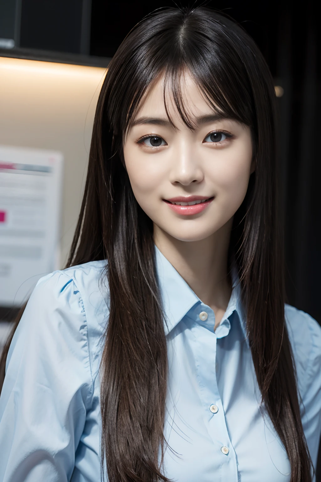 A hyper-realistic、hight resolution、8k wallpaper、ighly detailed、Best Illustration、beautifully detailed eyes、top-quality、ultra-detailliert、masterpiece、A detailed face、独奏、1 girl in、looking at the viewers、A detailed face、in the darkness nigth、A smile、Long straight hair、The upper part of the body、Wearing an office shirt