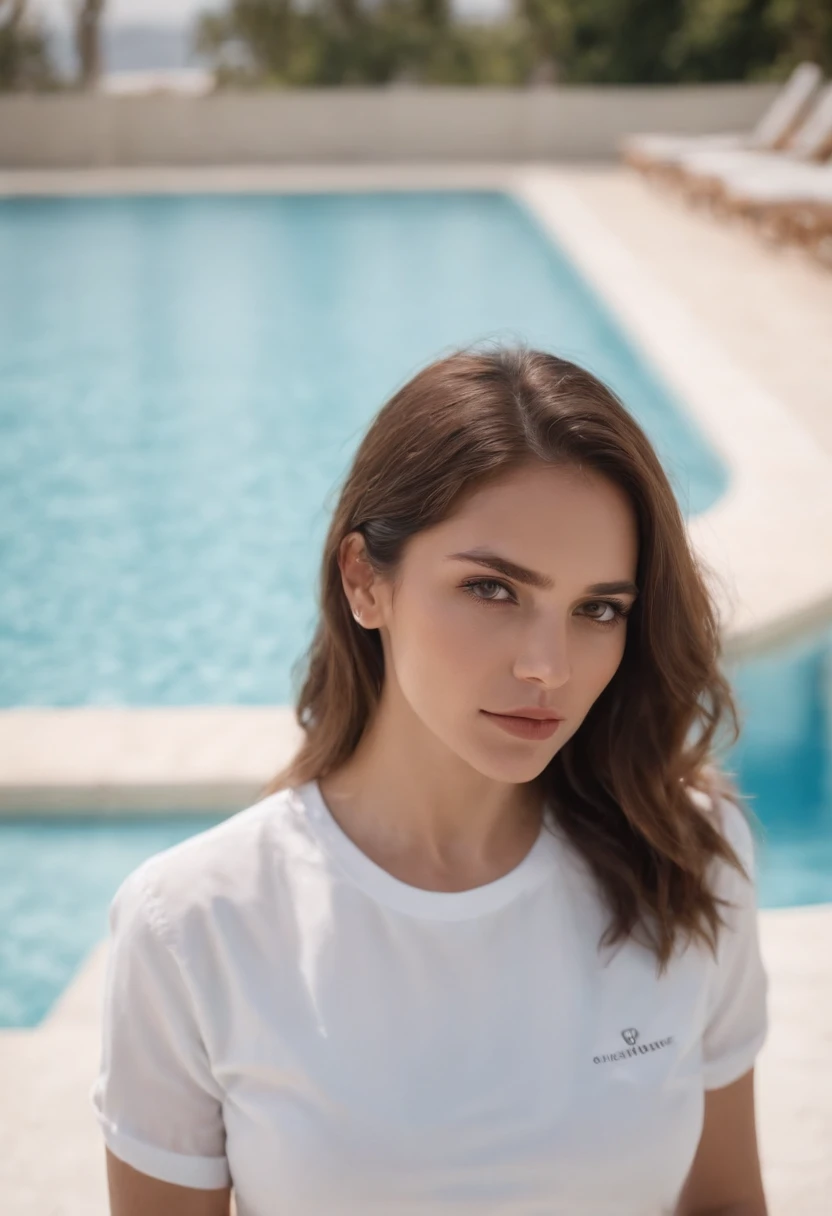 Mujer guapa con camisa blanca parado frente a la piscina,Vista lejana, camiseta blanca, camiseta blanca, Vista lejana, streetwear casual, manga corta