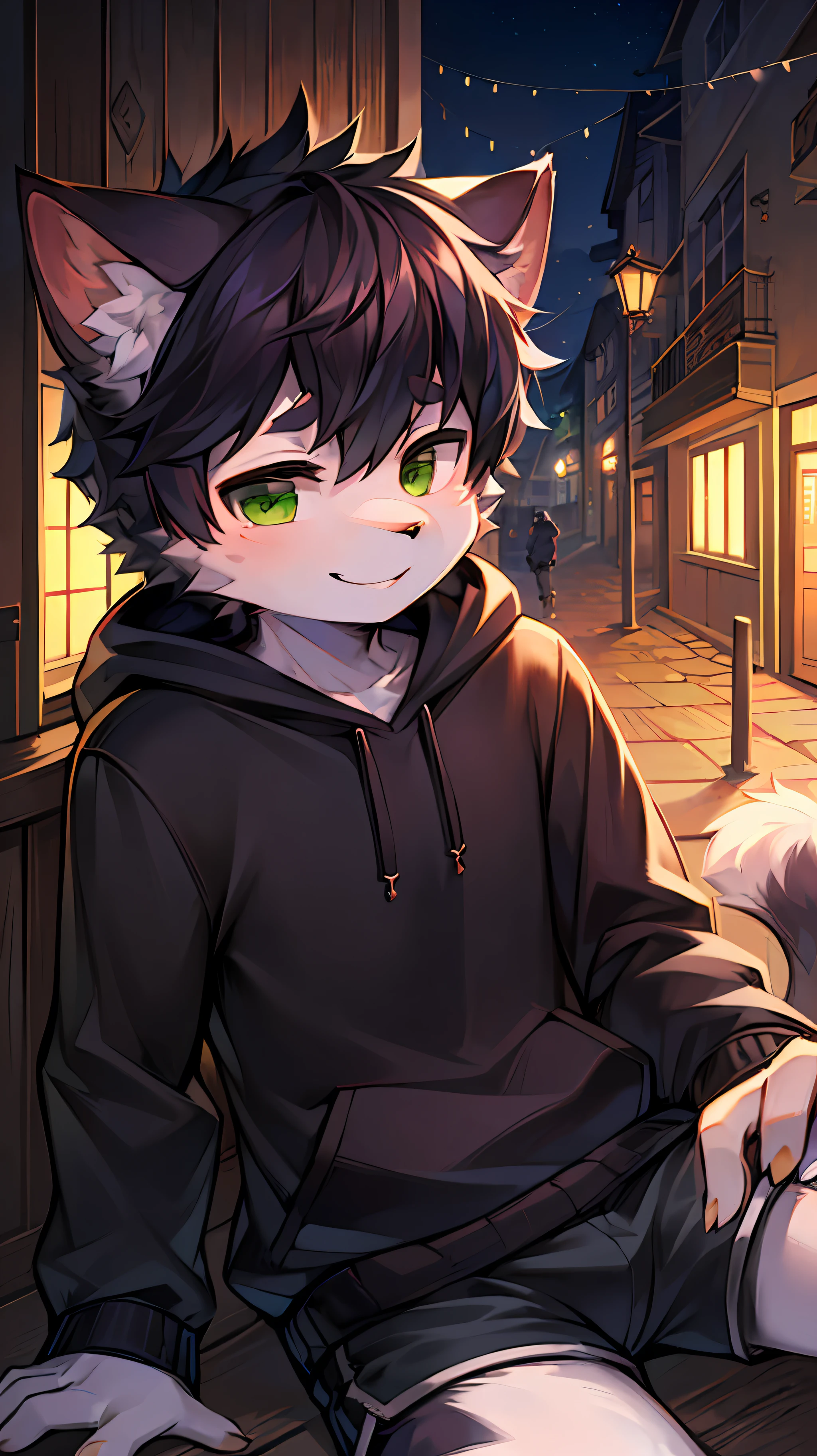 solo dance,1boys,anthro,shaggy_Male,Kittens_male year old boy,(the black_furred),tuft,oiled_skin,Cat tail,cat ear，Short_Hair,Green_Eyes,Black_Hair,Shorts,Hoodie, Haut du corps_body_Close-up，cowbow_Shot，Smile with，Looking_au_Os espectadores。 (cozily_Childhood_wimmelbild:1.5)，citys，Streets，独奏，shortsleeves，horizon，resting，AOEU，AOEU，The figure holds a bow and arrow（Ready to shoot）
