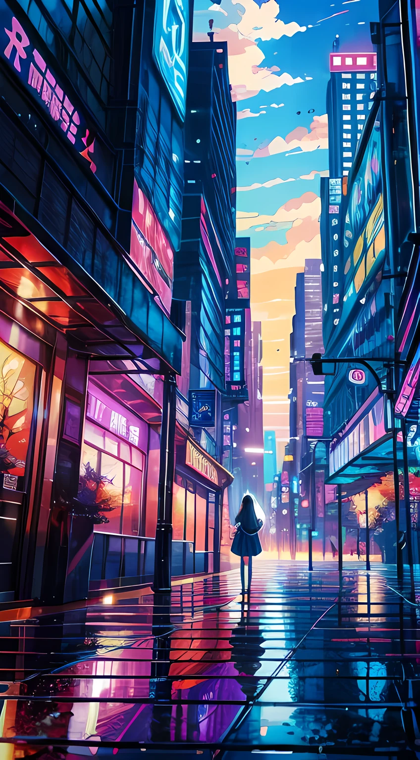 futural Anime girl standing in big city looking at rainbow sky,Near Future City、 Hayao Miyazaki cyril rolando, anime art wallpaper 32k, anime art wallpaper 32k, Anime art wallpaper 8k, inspired by Cyril Rolando, in the style dan mumford artwork, amazing wallpapers, by Yuumei