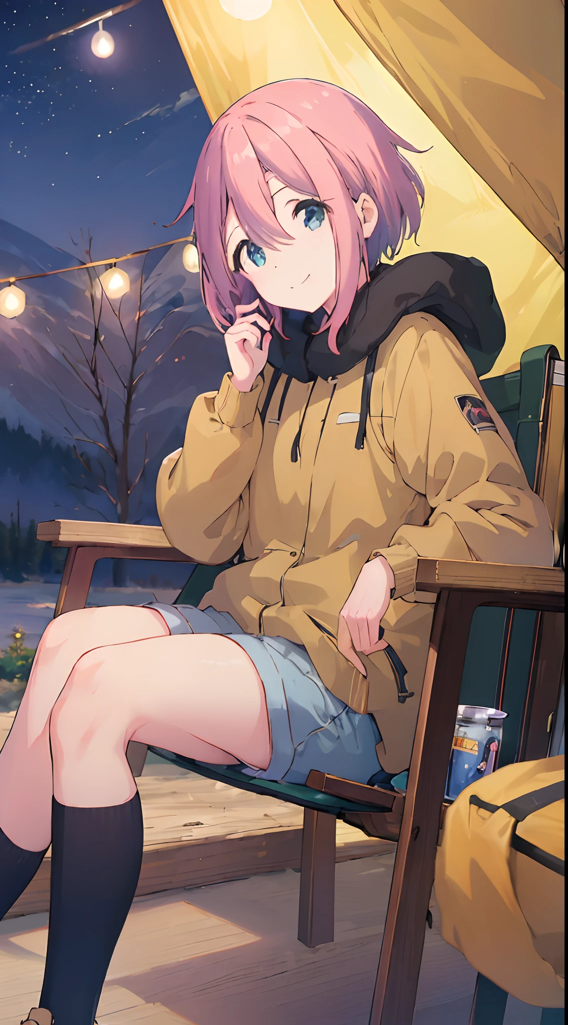 (masterpiece:1.4), (best qualit:1.4), (high resolution:1.4), kagamihara nadeshiko, sitting in camping chair, looking at viewer, smile, outdoors, nature, tent, night, lamp, beer