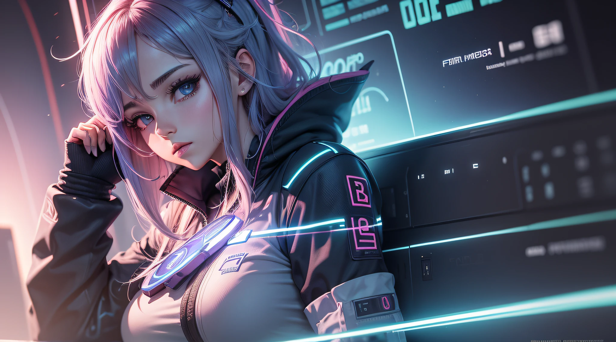 imagem escrito IA FINANCE , 4K , brain pensative girl, anime girl, cyberpunk girl, money designer futuristico.