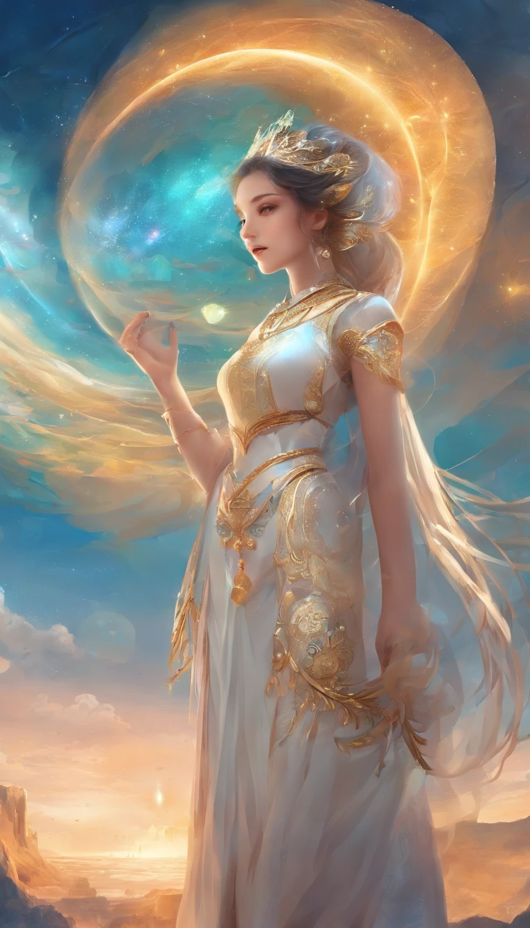 Beautuful Women。face facing front。kawaii。ren。slender。Light blue clothes。UFO with ancient civilization on female background,中景 the scene is,Full body like, Highly detailed surreal VFX,OC rendering,Shot at 70 mm - AR 16:9 --q 2 --s 1000