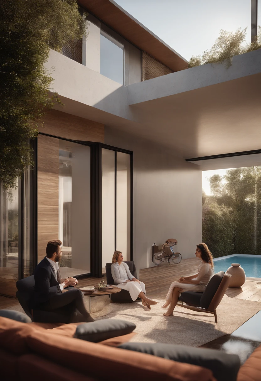 Image Prompt
Format: 1: 1
Mode: Realistic, photographic
Scenario:
Image of a couple sitting on a wooden table in a living room. They are looking at an architectural project being presented by an architect. The couple is smiling and looks very happy. The architect is wearing a black suit. The architectural design is a drawing of a house. The house is big and luxurious. It has a glass roof, a pool and a garden.
Details:
The couple is young and attractive. The man is wearing a blue polo shirt and jeans. The woman is wearing a red dress.
The architect is a middle-aged man with gray hair. He is wearing a black suit.
The architectural design is a drawing of a house. The house is big and luxurious. It has a glass roof, a pool and a garden.
Emotion:
The couple is radiant of happiness. They are thrilled with the architectural project and the fact that their dream home is finally coming true.
Instructions:
The image should be captured at an angle that shows the couple's face and the architectural design.
Lighting should be natural and smooth.
The image must be clear and detailed.