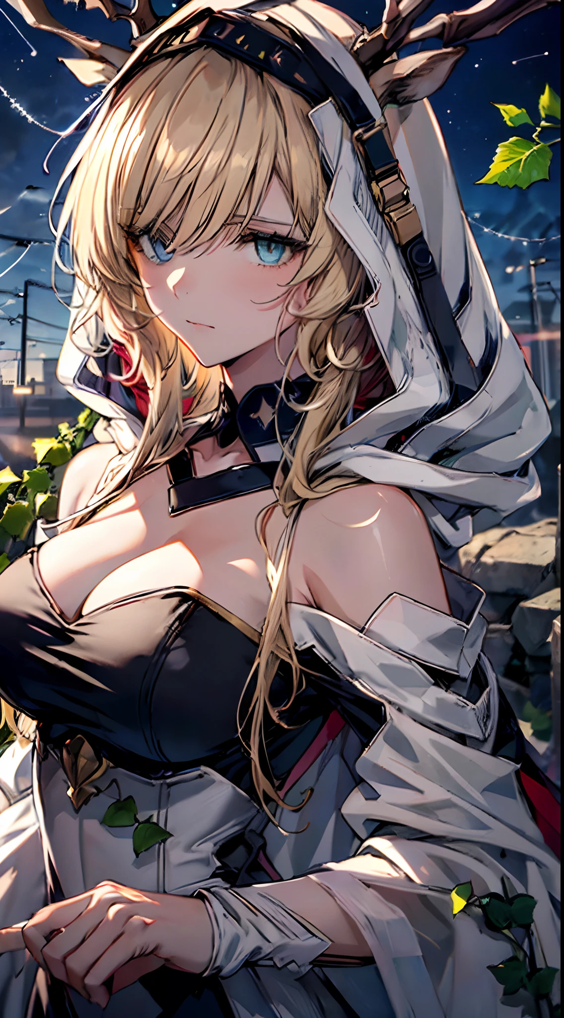 (((Masterpiece))),(incredibly_absurderes),(Best quality),(A high resolution),(Highly detailed),((CG unity 8k wallpaper)),(cool colours),(aquarelle),(an extremely delicate and beautiful lady),(20s),((domineering lady)),(Delicate face),(Beautiful detailed eyes),((Heterochromia_Red_Blue)),(Long_eyeslashes),Silver_Hair,(small_breast enhancement),(Disheveled hair),Long hair,hair between eye,(head gear),(black_Evening_dress),(Off_Shoulder),(Long sleeves),(sleeves past wrists),(golden decorations),elegant,((Melancholy)),(view the viewer),Upper body,focus onface,((Close up)),((delicate beautiful sky with cirrocumulus)),(Dark sky),(stars),(Cloudy),(cirrocumulus),((Stone ruins)),((vines)),((ivy)),(Blue roses),(dense fog),(Detailed background),(Dynamic Angle),((Ray)),(Ray tracing),toplight,(Cinematic light),(light bounce),(refined rendering),((Tyndall effect)),(Depth of field)