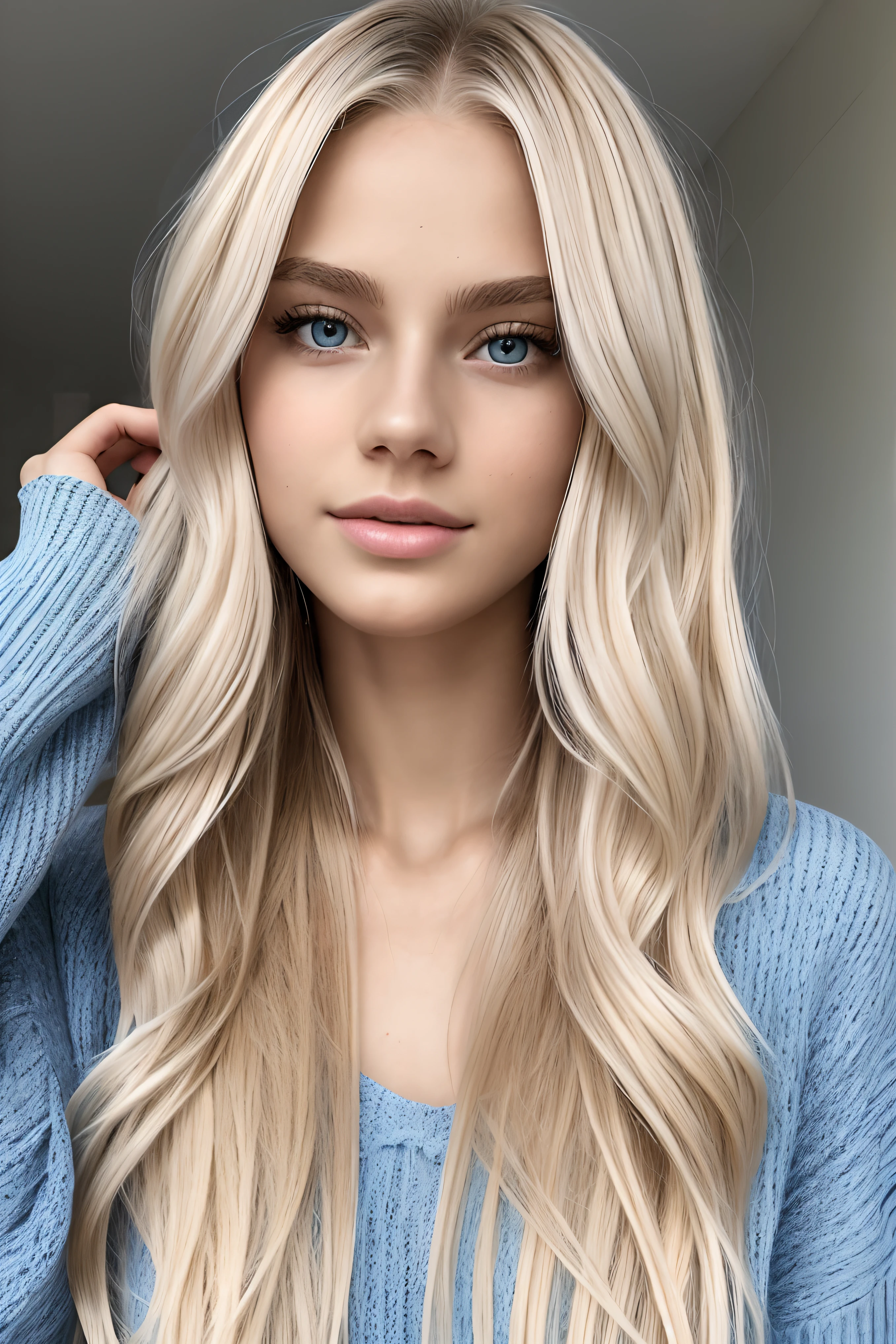 A beautiful woman, 18 years old, fair skin, slim body, straight platinum blonde hair, long hair, stylish haircut, wavy hair, attractive face, attractive young face, blue eyes, detailed face, full lips, body photo entire, neutral color background image, edited in Adobe Premiere, 8k