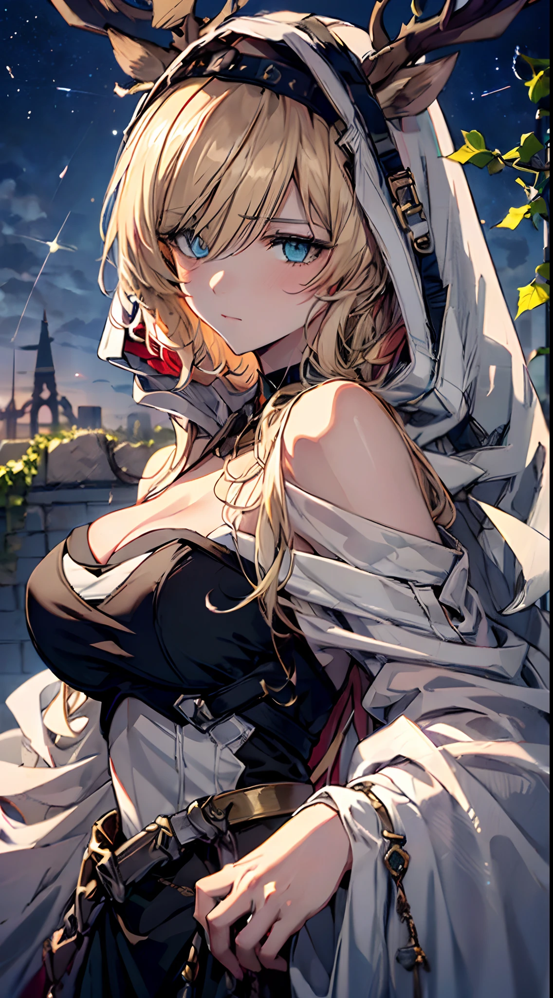 (((Masterpiece))),(incredibly_absurderes),(Best quality),(A high resolution),(Highly detailed),((CG unity 8k wallpaper)),(cool colours),(aquarelle),(an extremely delicate and beautiful lady),(20s),((domineering lady)),(Delicate face),(Beautiful detailed eyes),((Heterochromia_Red_Blue)),(Long_eyeslashes),Silver_Hair,(small_breast enhancement),(Disheveled hair),Long hair,hair between eye,(head gear),(black_Evening_dress),(Off_Shoulder),(Long sleeves),(sleeves past wrists),(golden decorations),elegant,((Melancholy)),(view the viewer),Upper body,focus onface,((Close up)),((delicate beautiful sky with cirrocumulus)),(Dark sky),(stars),(Cloudy),(cirrocumulus),((Stone ruins)),((vines)),((ivy)),(Blue roses),(dense fog),(Detailed background),(Dynamic Angle),((Ray)),(Ray tracing),toplight,(Cinematic light),(light bounce),(refined rendering),((Tyndall effect)),(Depth of field)