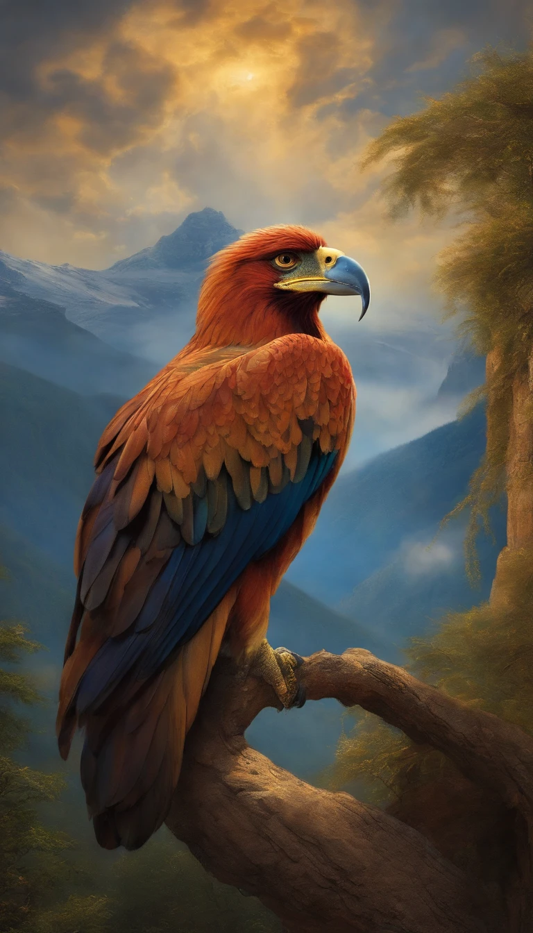 （masterpiece）, best quality, ultra-detailed, realistic portrait, Ziz from Jewish Mythology, mythical creature, majestic feathers, powerful presence, vibrant colors, divine light illuminating the scene, intricate details in the wings and beak, ethereal atmosphere, atmosphere of ancient legends, breathtaking artwork