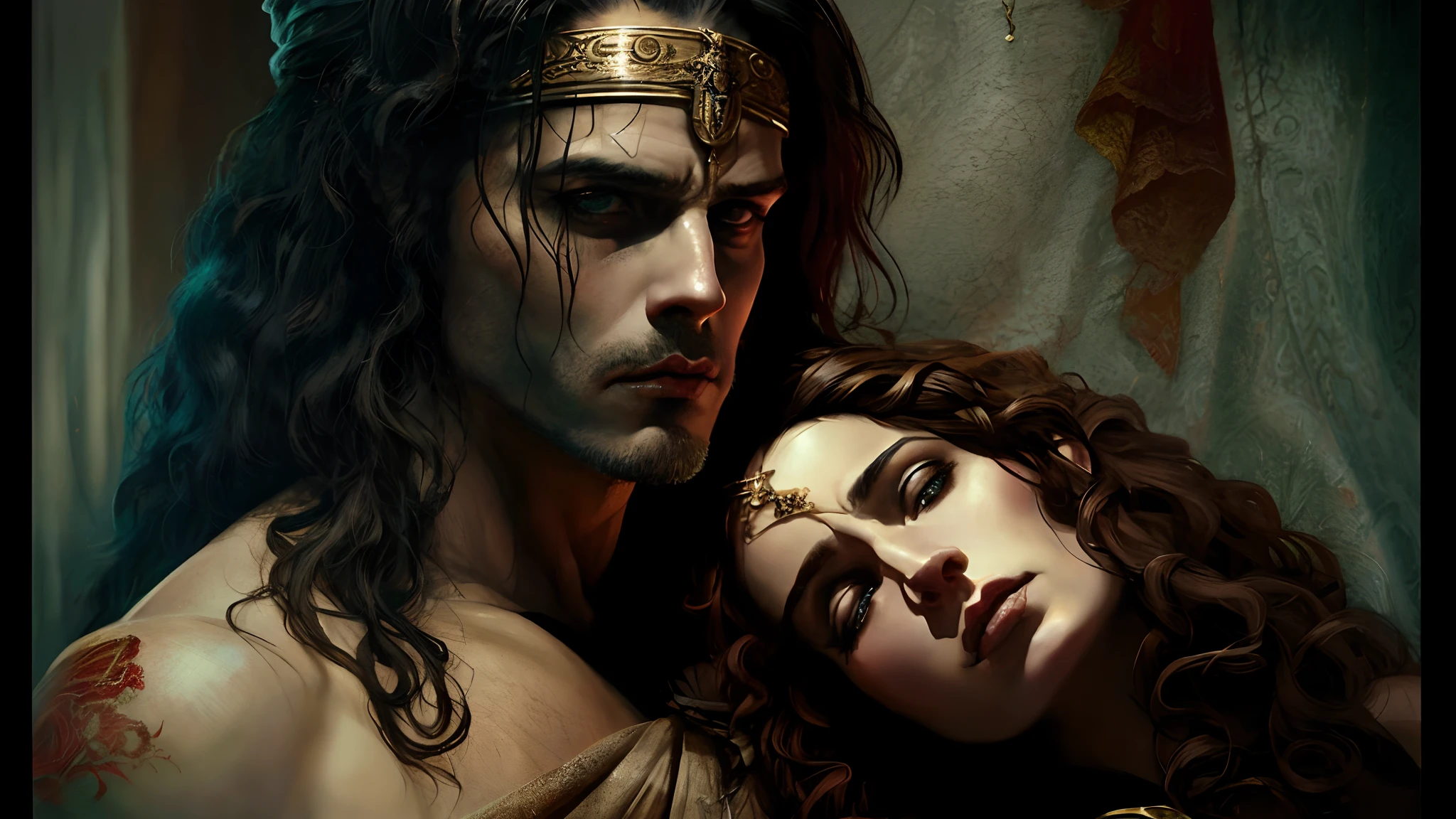 Imagem de um homem e uma mulher em um quarto escuro, Boris Vallejo e Tom Bagshaw, Geraldo Brom, Directed by: Galeno Dara, Illustration by Conan, the Barbarian, Darius Zawadzki e Tom Bagshaw, Mito grego pintura digital, Abaddon e Magali Villeneuve, kerem beyit, Donato Giancola e Tom Bagshaw, dramatic artwork