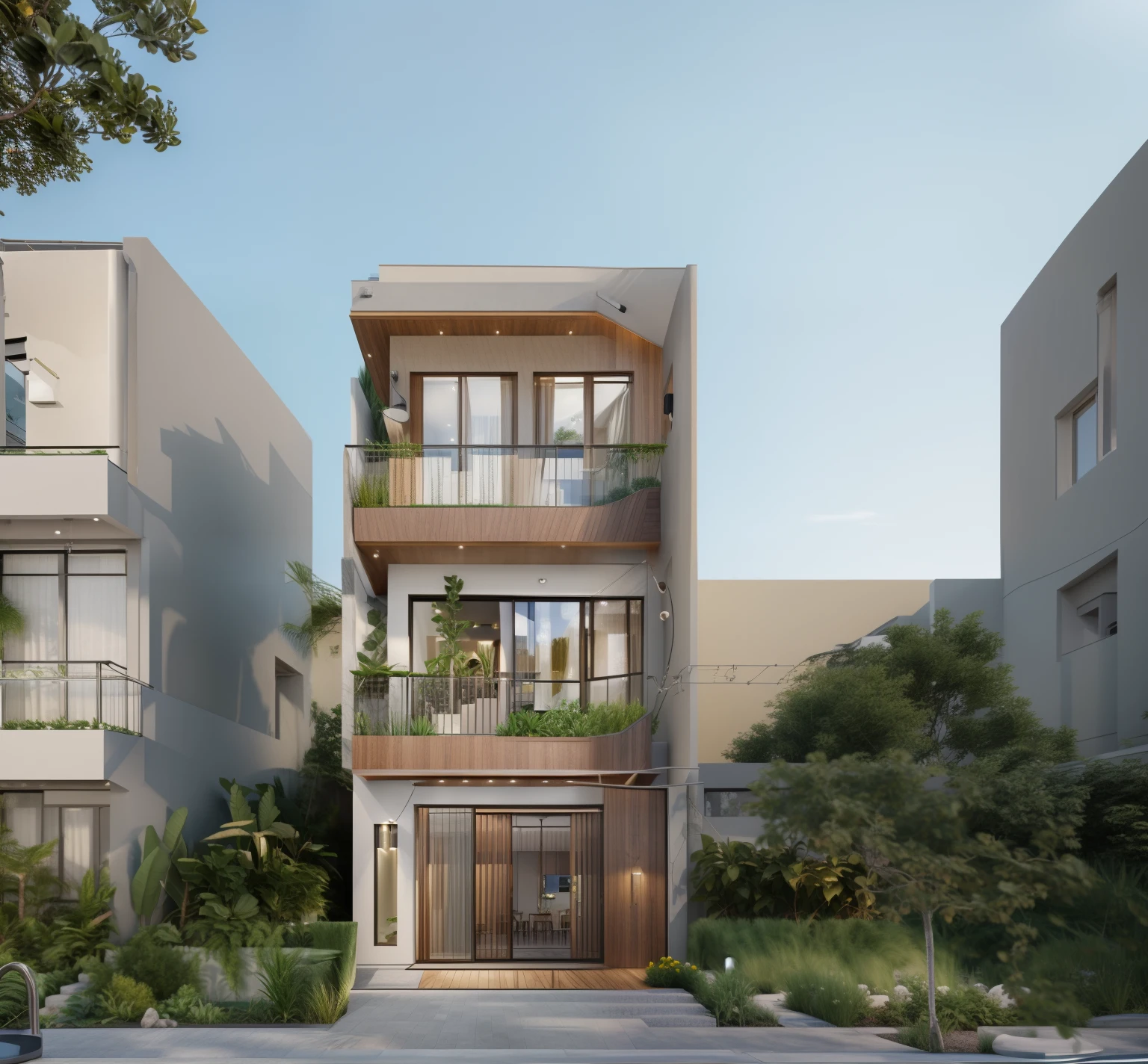 "best quality,4k,8k,highres,masterpiece:1.2,ultra-detailed,realistic,photorealistic:1.37,townhouse,modern house,glass,wood,steel,sunshine,spacious interiors,contemporary design,vibrant colors,expansive windows,open floor plan,elegant architecture,skylights,bright and airy ambience,lush green surroundings,meticulous craftsmanship,seamless indoor-outdoor flow,sustainable materials,eco-friendly features,stunning landscapes,scenic views,refined aesthetics,harmonious blend of natural and industrial elements"
