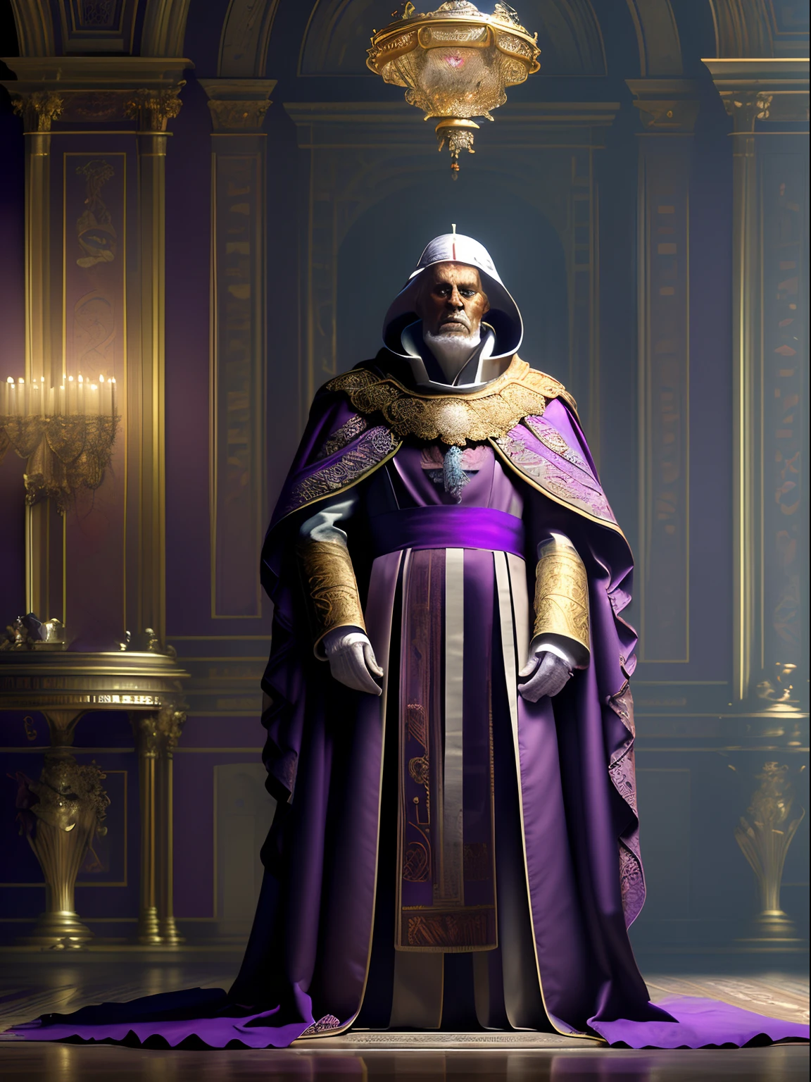 Solo, full-body photo, a low, tall old man (high cheekbones, gray eyebrows, deep eye sockets, few wrinkles, pointed beard, wearing purple and golden mage robes, draped in dark red cloak, head wearing a pope's ornate hat, holding a golden staff, pale skin), standing, background (ornate palace fantasy, intricate, elegant, highly detailed, digital painting, art station, concept art, soft, clear focus, illustration, artwork by Gaston Bussiere and Alphonse Mucha, panorama, UHD, masterpiece, ccurate, textured skin, super detail, high details, high quality, highres, best quality, award winning, 8k, cinematic lighting