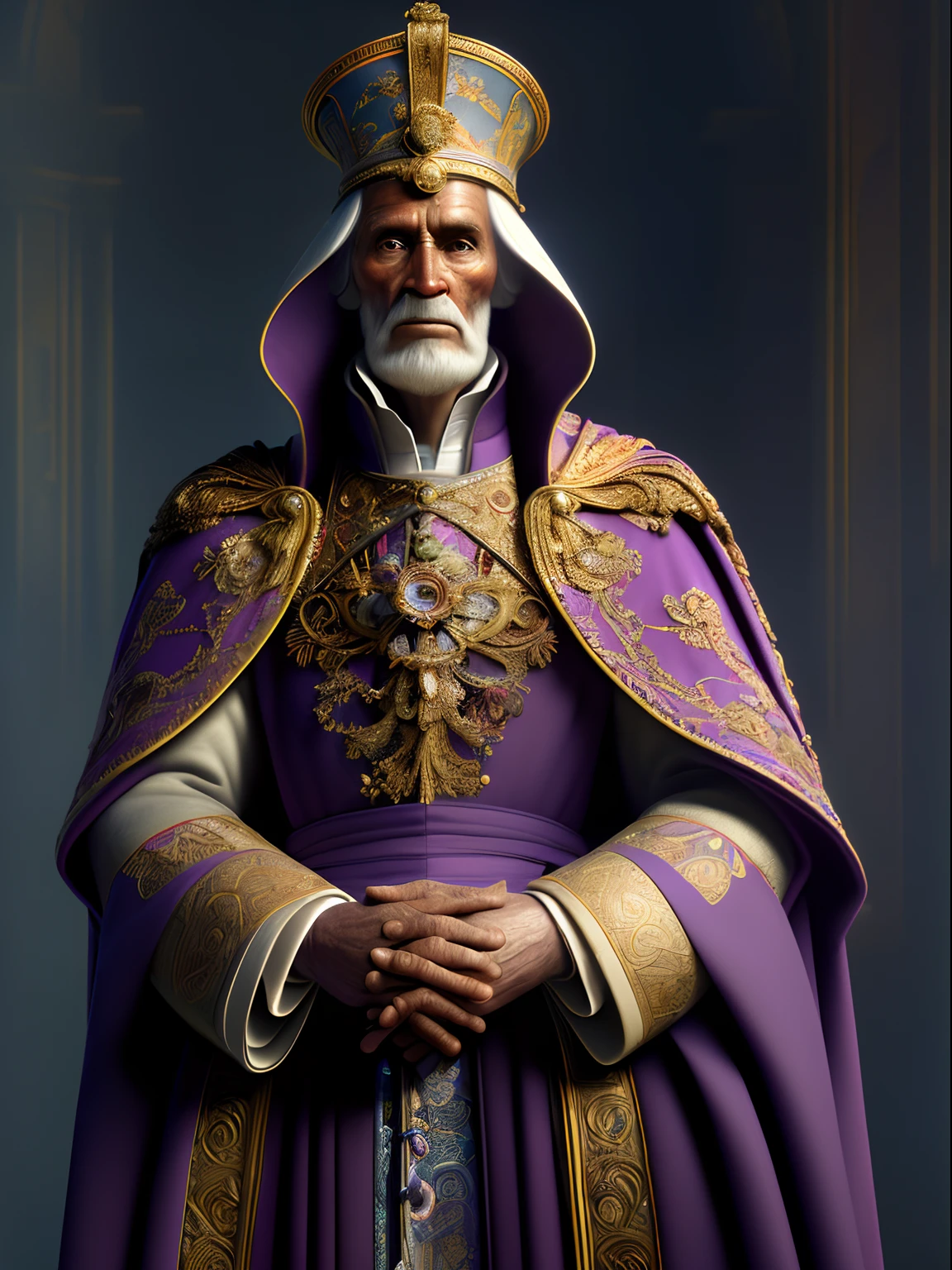 Solo, full-body photo, a low, tall old man (high cheekbones, gray eyebrows, deep eye sockets, few wrinkles, pointed beard, wearing purple and golden mage robes, draped in dark red cloak, head wearing a pope's ornate hat, holding a golden staff, pale skin), standing, background (ornate palace fantasy, intricate, elegant, highly detailed, digital painting, art station, concept art, soft, clear focus, illustration, artwork by Gaston Bussiere and Alphonse Mucha, panorama, UHD, masterpiece, ccurate, textured skin, super detail, high details, high quality, highres, best quality, award winning, 8k, cinematic lighting