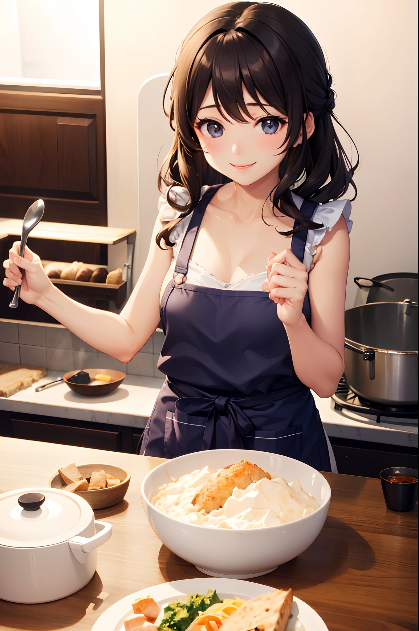 (top-quality)、Girl in an apron while cooking、kitchin、Wavy Hair、Apron、Pretty girl with a smile、cafes、barechested