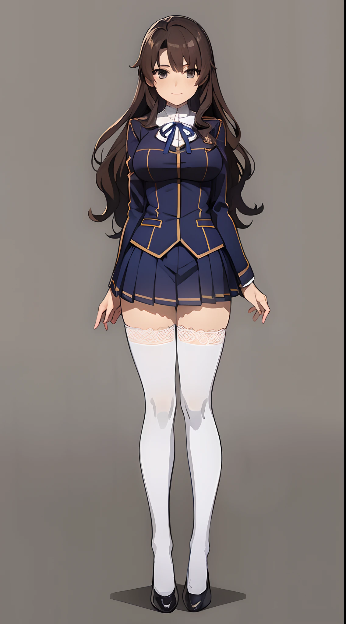 Masterpiece, high quality, 1girl, solo, brown hair, curly hair, hazel eyes, medium sized bust, (blue school uniform, sexy school uniform, blue blazer, lace section, ribbon, blue short skirt, white thigh-high socks, black high heels), smile, flat_color, full body, seductive pose