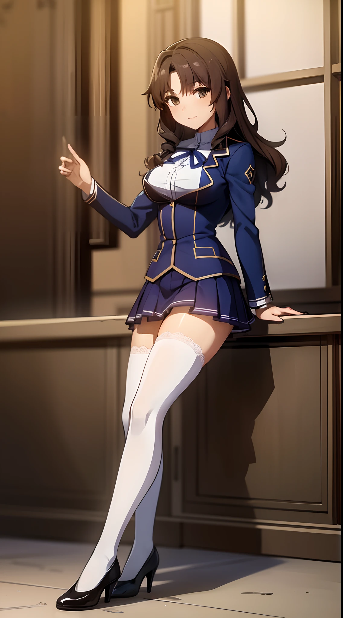 Masterpiece, high quality, 1girl, solo, brown hair, curly hair, hazel eyes, medium sized bust, (blue school uniform, sexy school uniform, blue blazer, lace section, ribbon, blue short skirt, white thigh-high socks, black high heels), smile, flat_color, full body, seductive pose